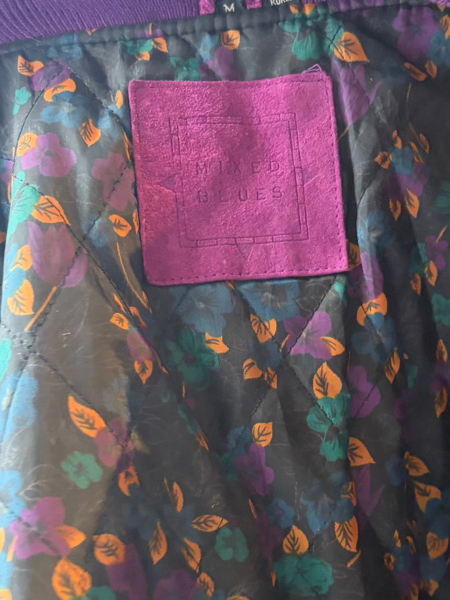 90s 'Mixed Blues' Purple Suede Leather Bomber Jacket / Medium