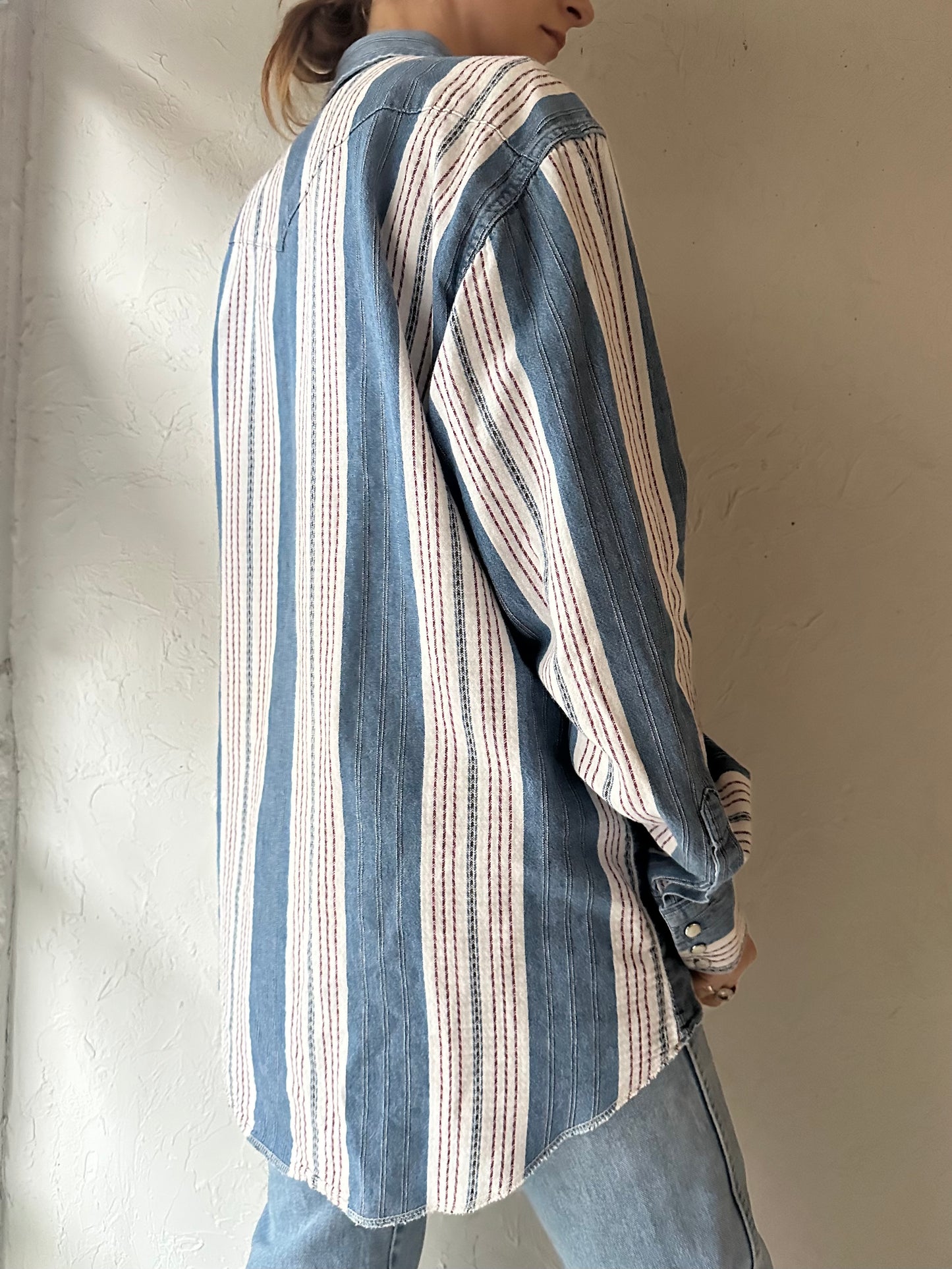 90s 'Wrangler' Striped Pearl Snap Wester Shirt / Large