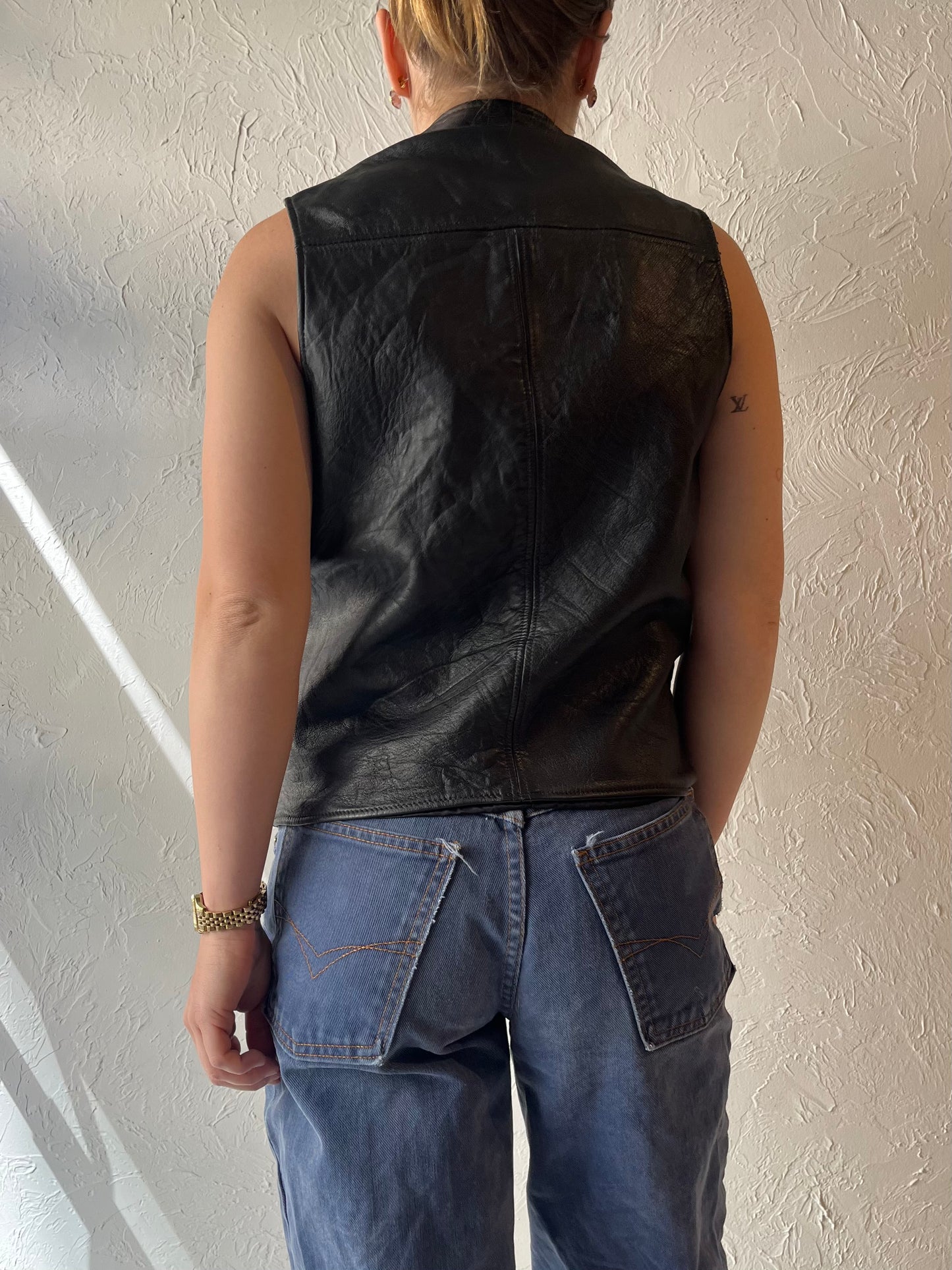 Vintage Black Leather Vest / Medium