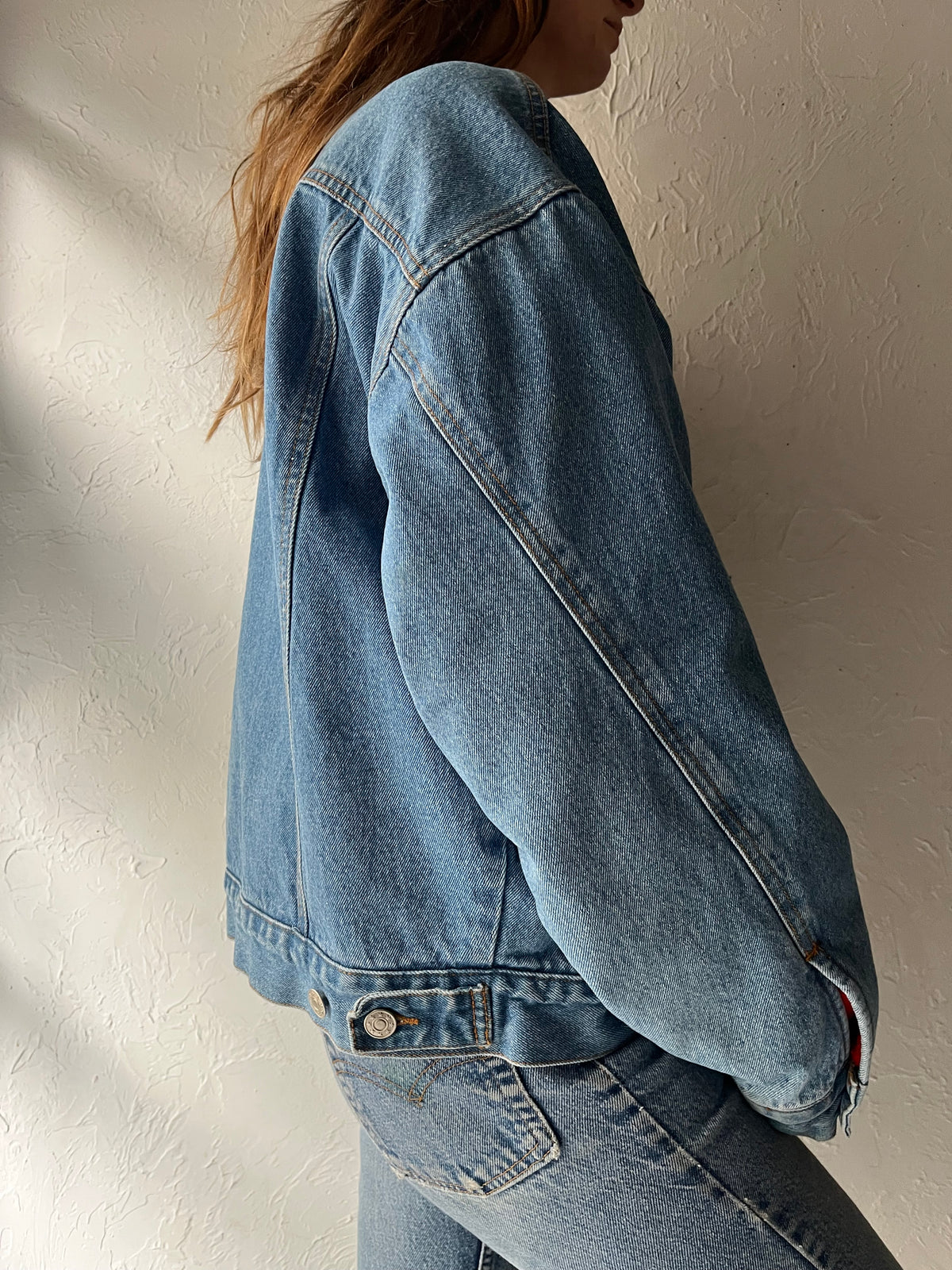 90s 'Mod International' Denim Red Fleece Lined Grunge Streetwear Trucker Jean Jacket / Large