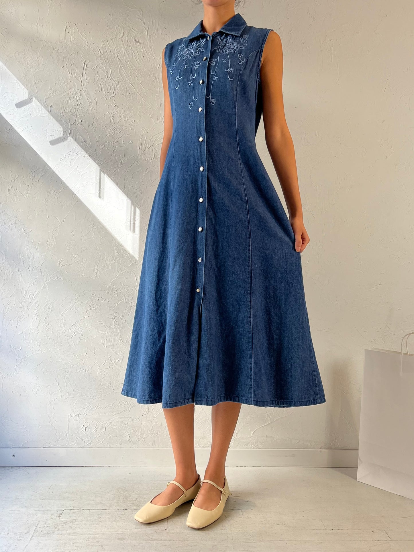 Y2K ‘Jessica’ Embroidered Collared Denim Maxi Dress / Medium