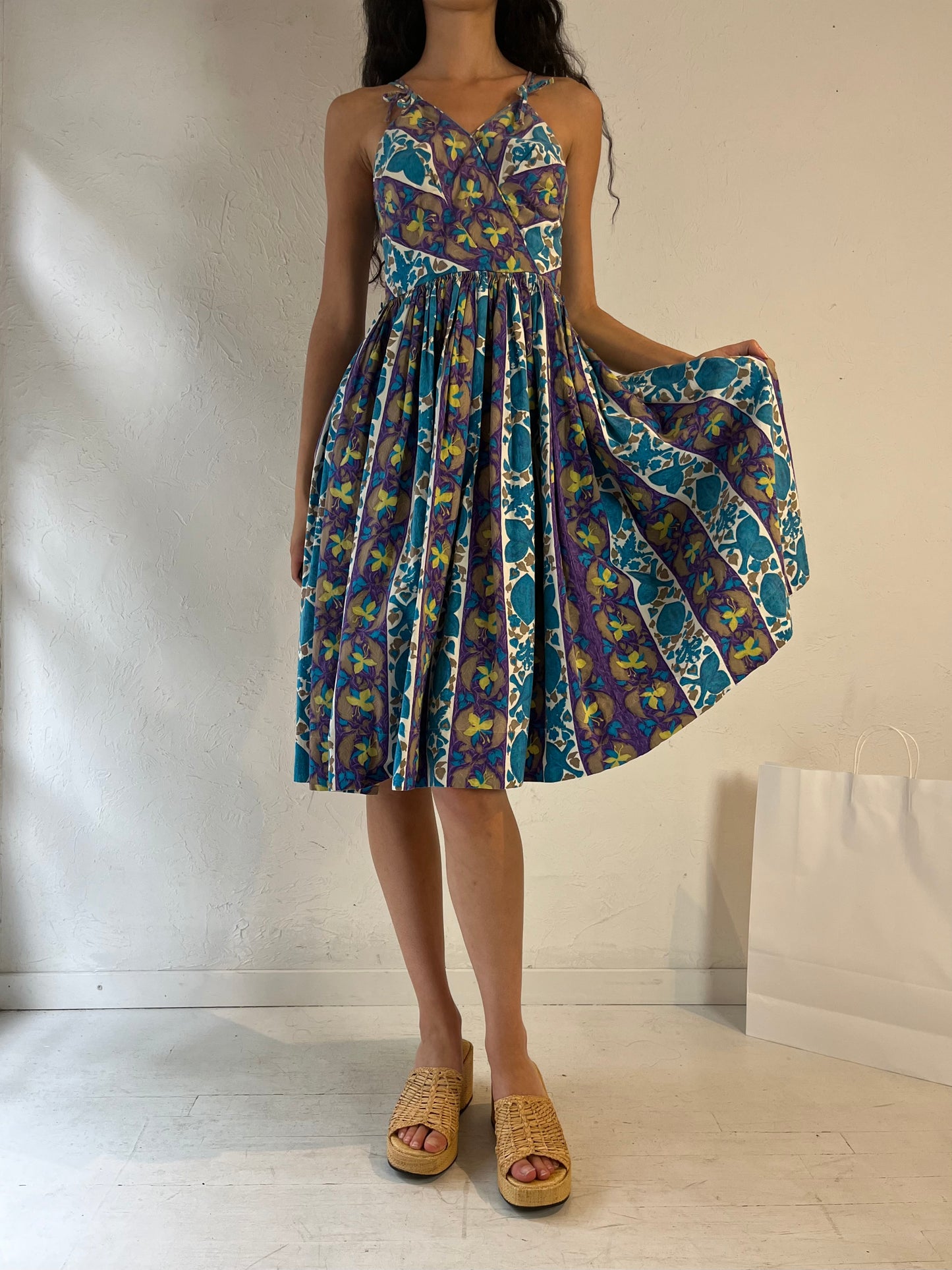 Vintage Handmade Blue Floral Midi Dress / Small