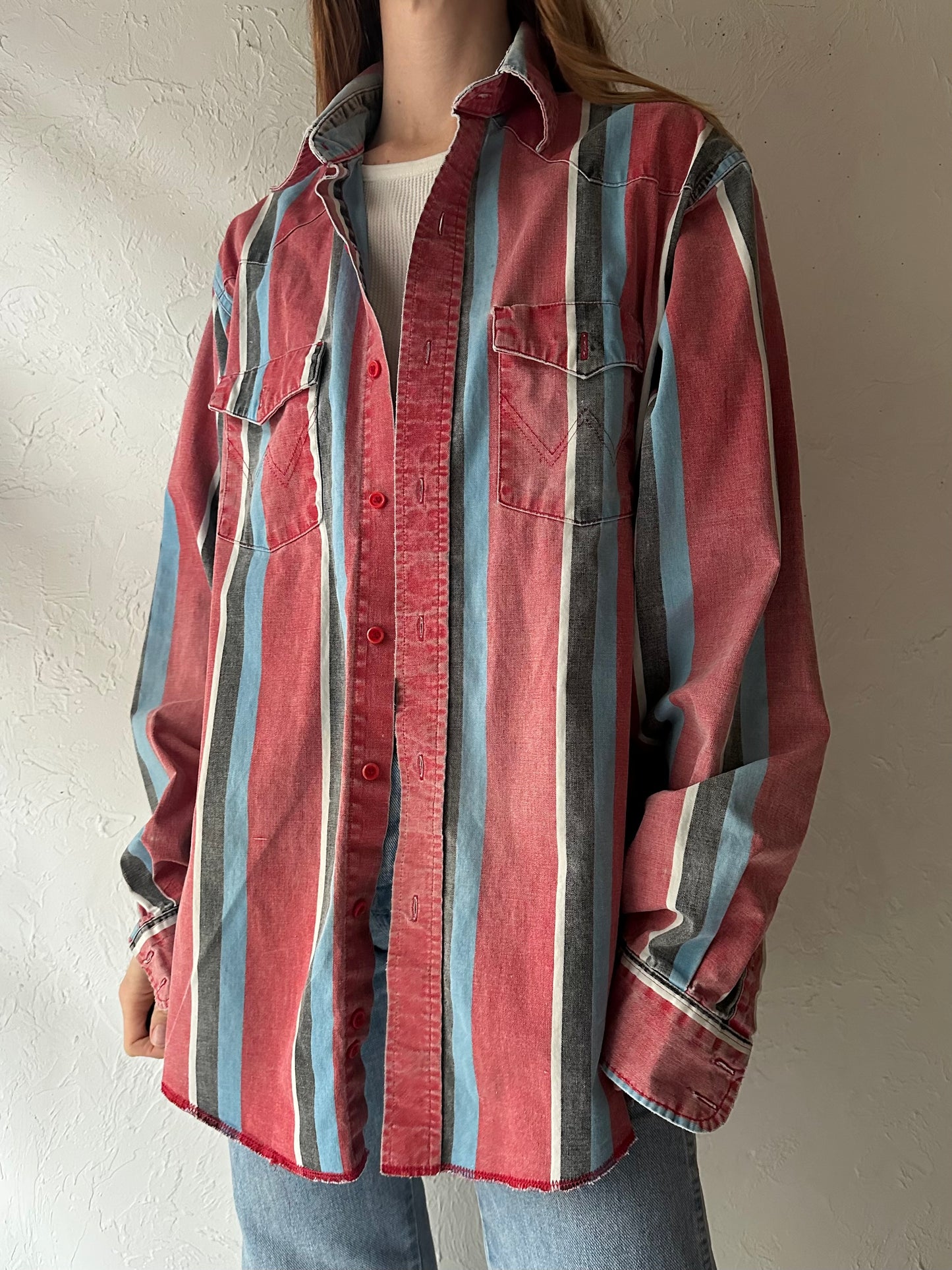 90s ‘Wrangler’ Striped Thick Cotton Western Shirt / Large
