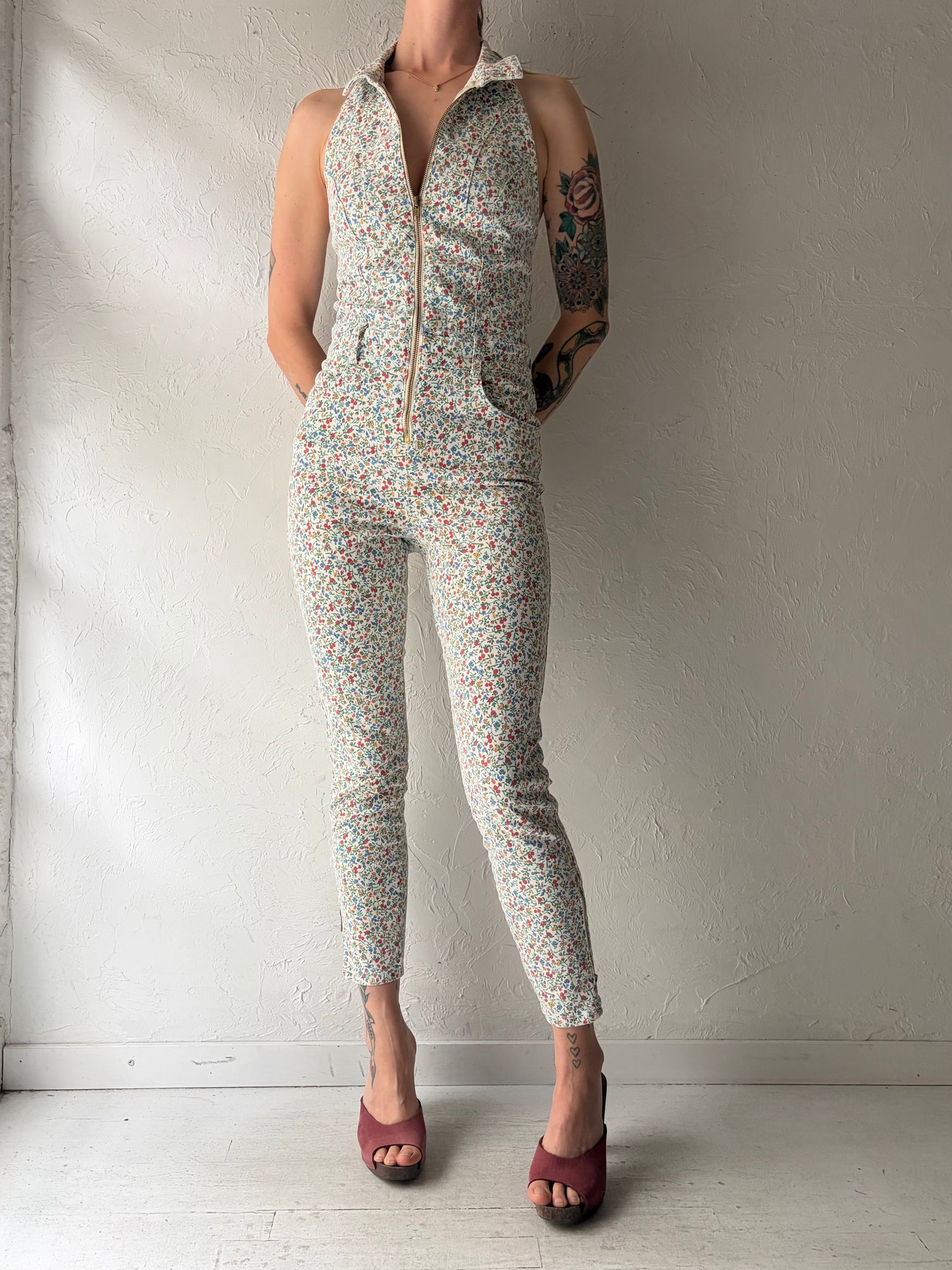 Vintage 2000s 'Guess' Floral Print Stretch Denim Jumpsuit / Small