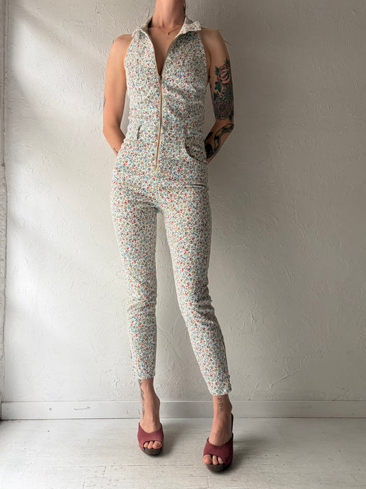 Vintage 2000s 'Guess' Floral Print Stretch Denim Jumpsuit / Small