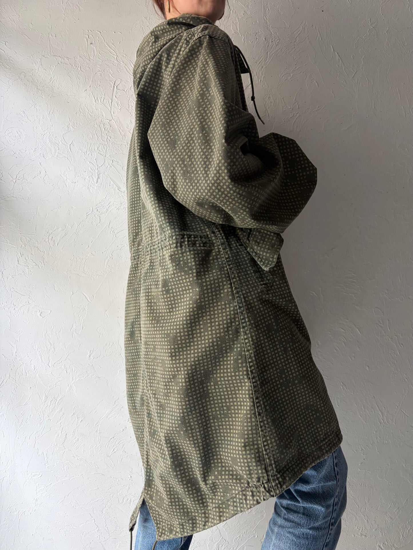 90s Authentic Green Army Hooded Camouflaged Streetwear Fishtail Parka Coat / Vintage 1990s Grunge Military Field Jacket / Medium