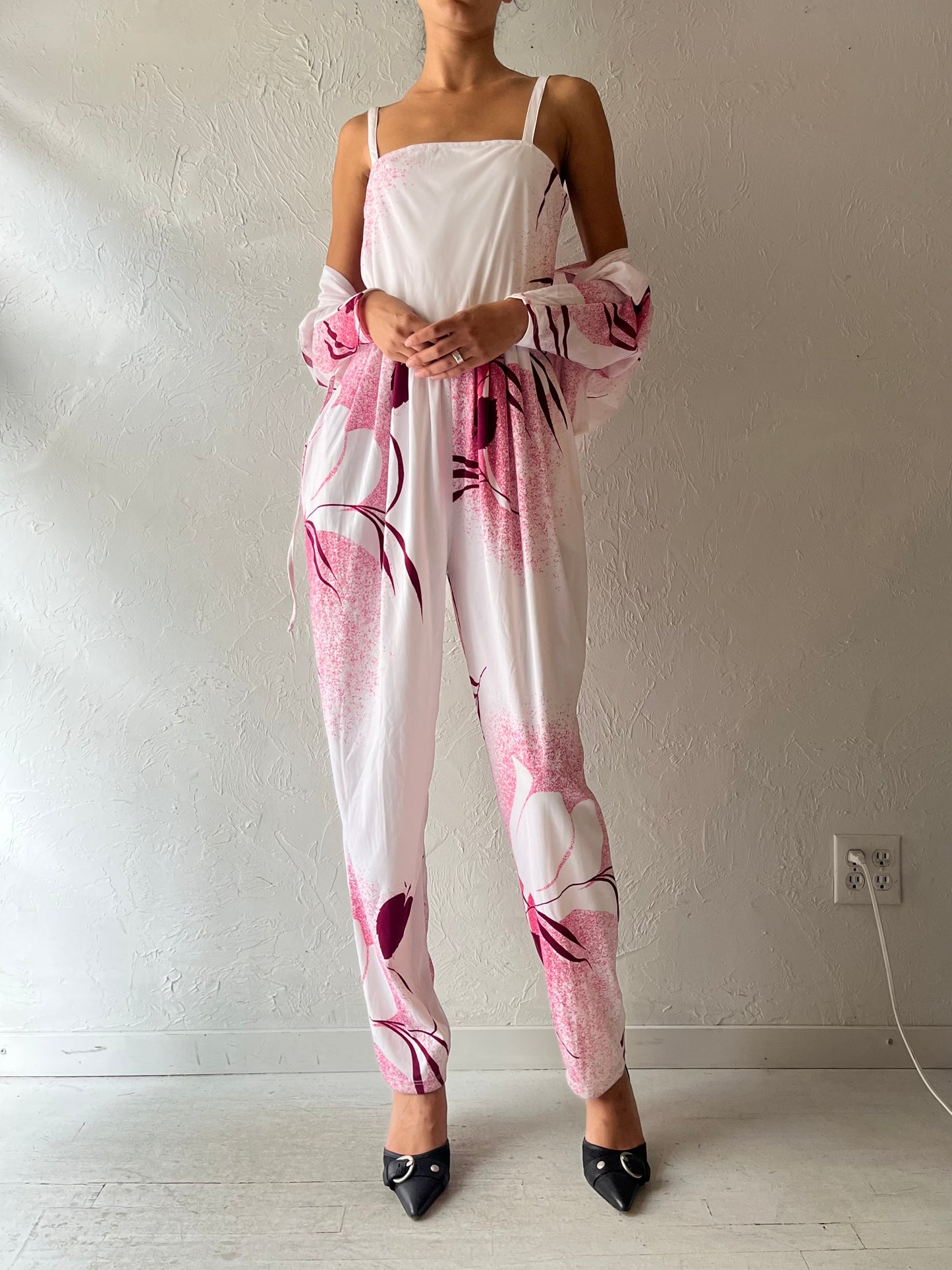 80s 'Niba Fashions' White Patterned Retro One Piece / Vintage 1980s Boho Summer Jump Suit / Small/