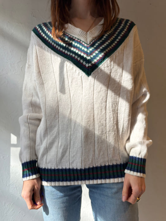 90s 'American Weekend' White V-Neck Sweater / Medium
