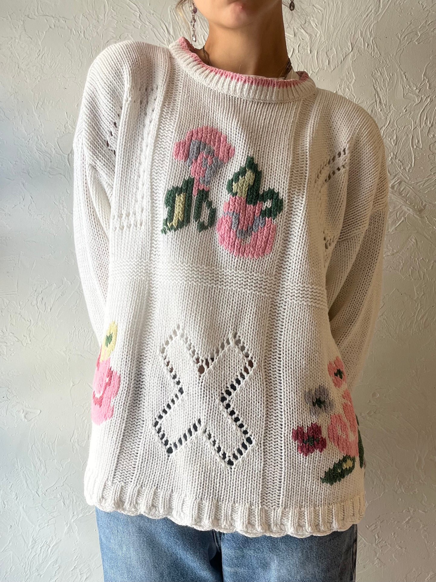 90s 'Street Level' Cotton Ramie Floral Knit Sweater / Large