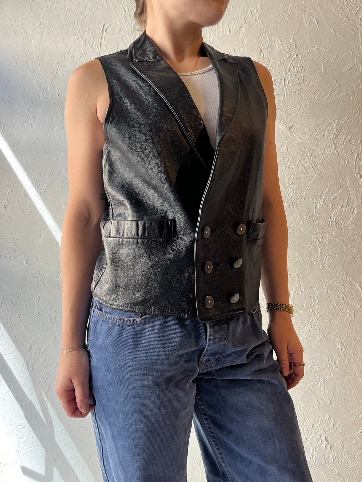 Vintage Black Leather Vest / Medium