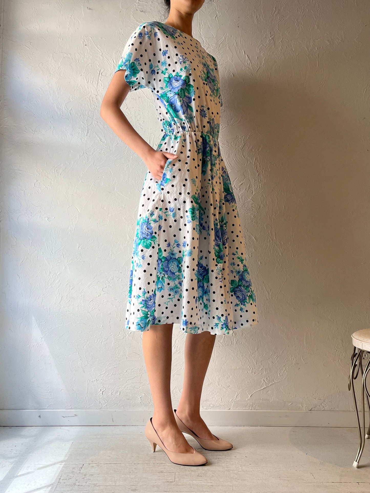 80s 'New Looks' Floral Retro Cottagecore Summer Dress / Vintage 1980s Romantic Boho Garden Party Dress / Medium