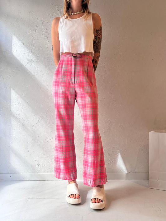 70s Pink Plaid Wool Flare Pants / Small