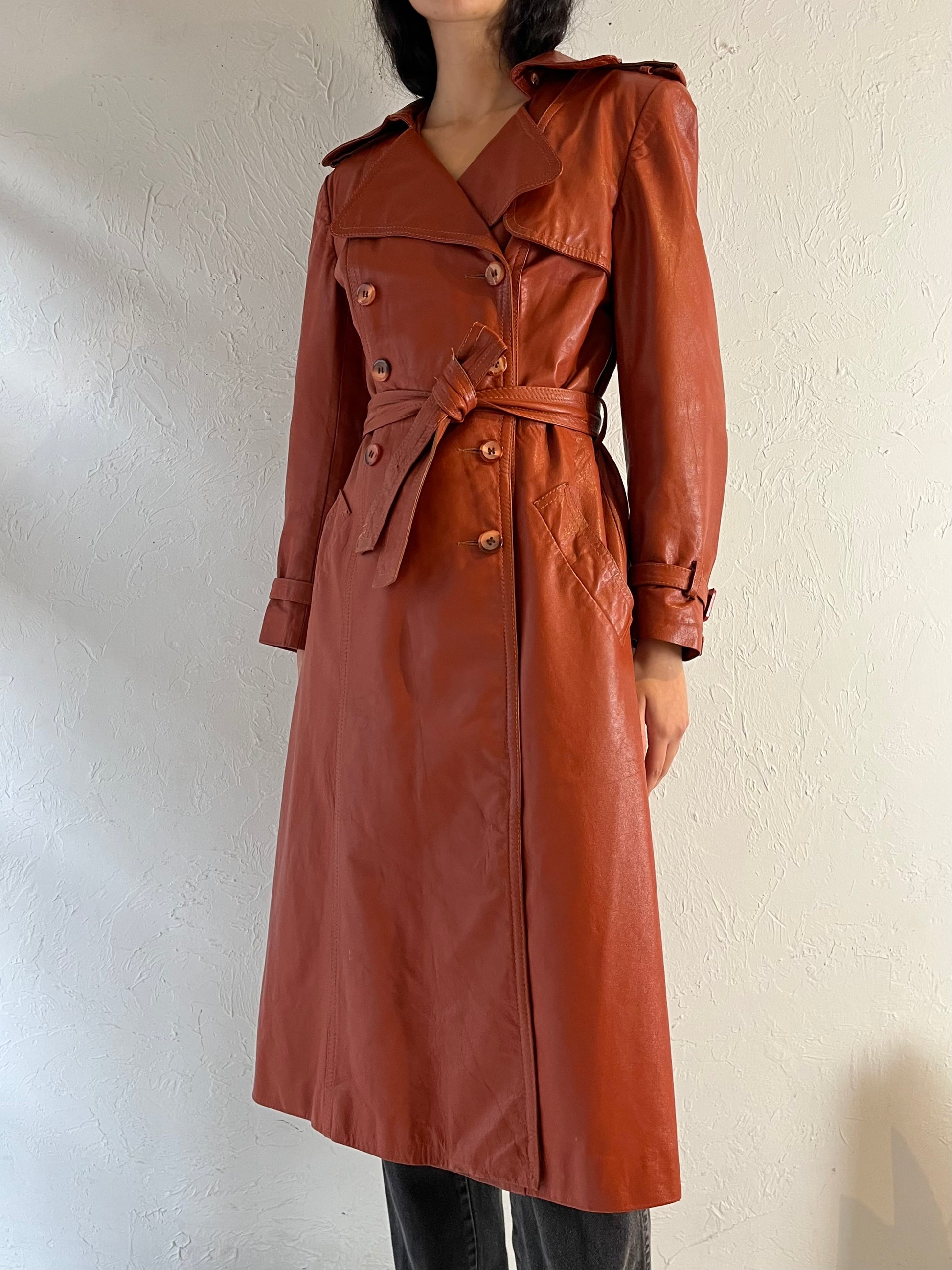 70s ‘Learsi’ Orange Leather Trench Coat / Small