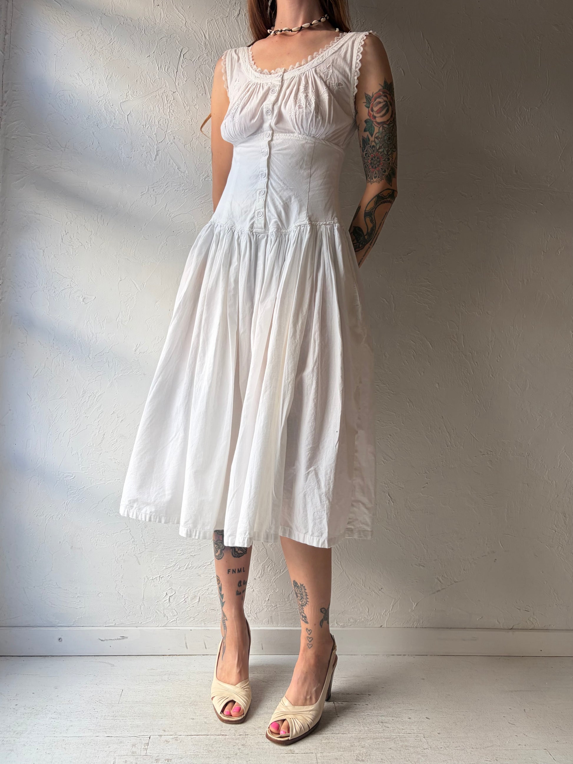 90s 'Starina' White Cotton Milk Maid Dress / Small