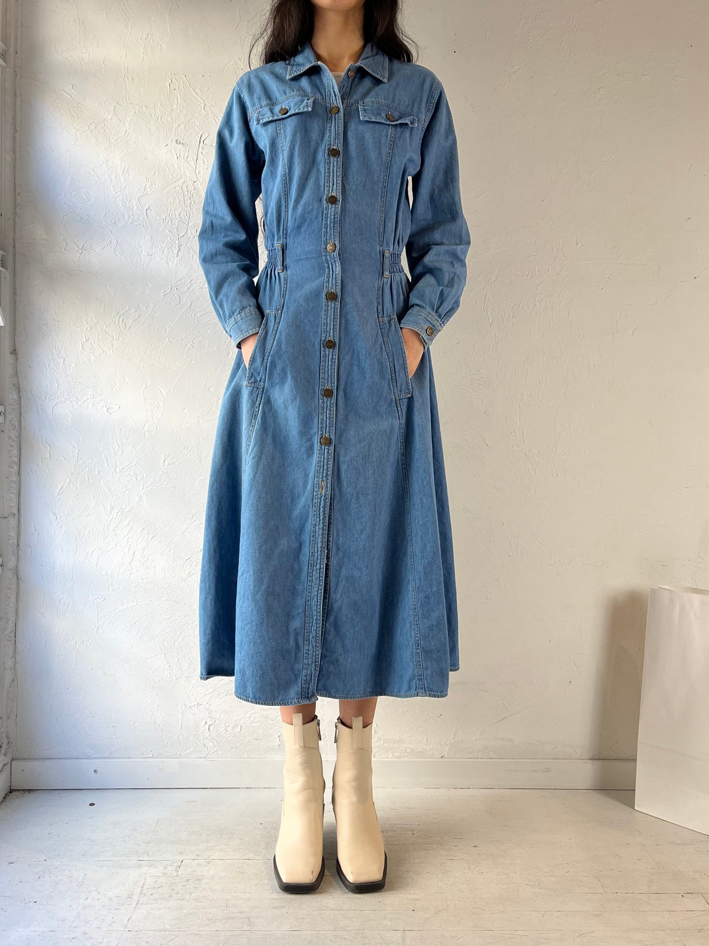 90s ‘SK Wear’ Collared Blue Denim Dress / Medium