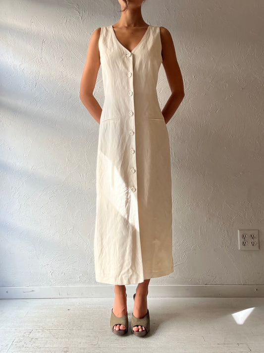 90s 'Laura Ashely' Cream Minimalist Button Up Preppy Summer Midi Formal Dress / Medium