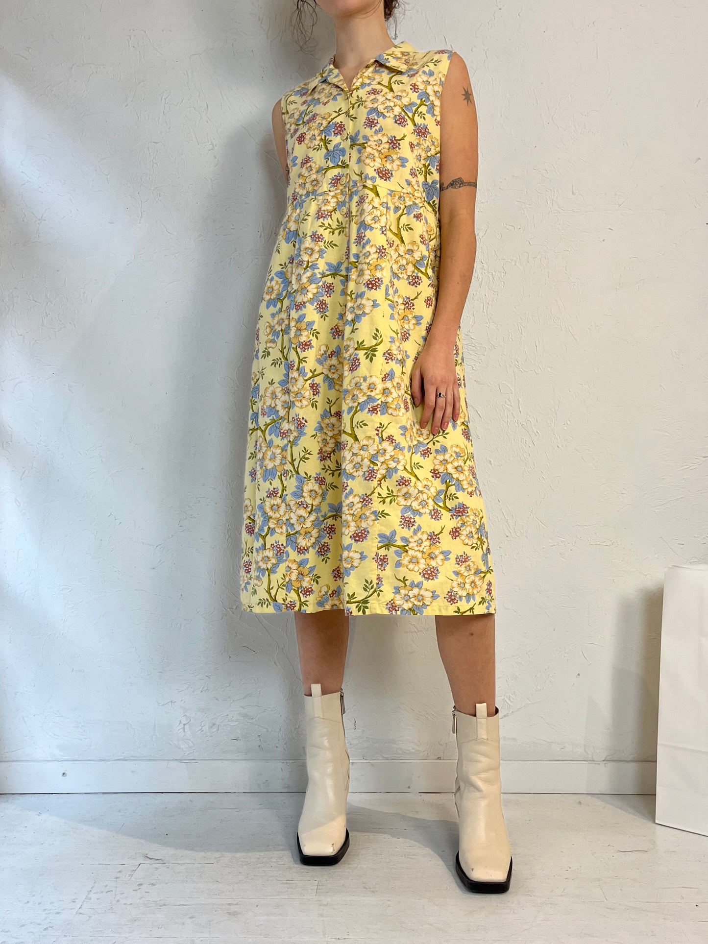 90s 'April Cornell' Yellow Floral Print Cotton Dress / Small