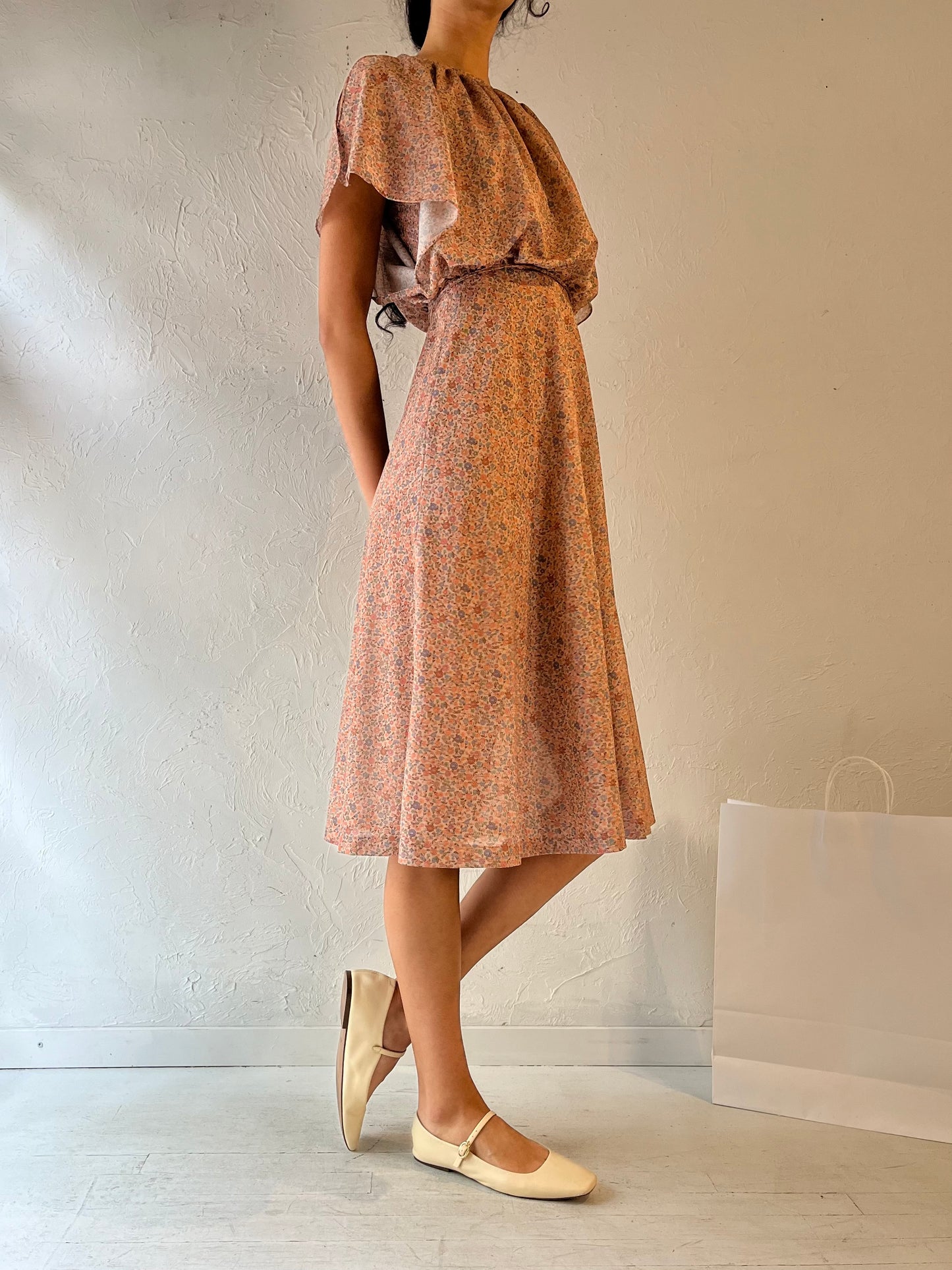 Vintage Handmade Floral Print Midi Dress / Small