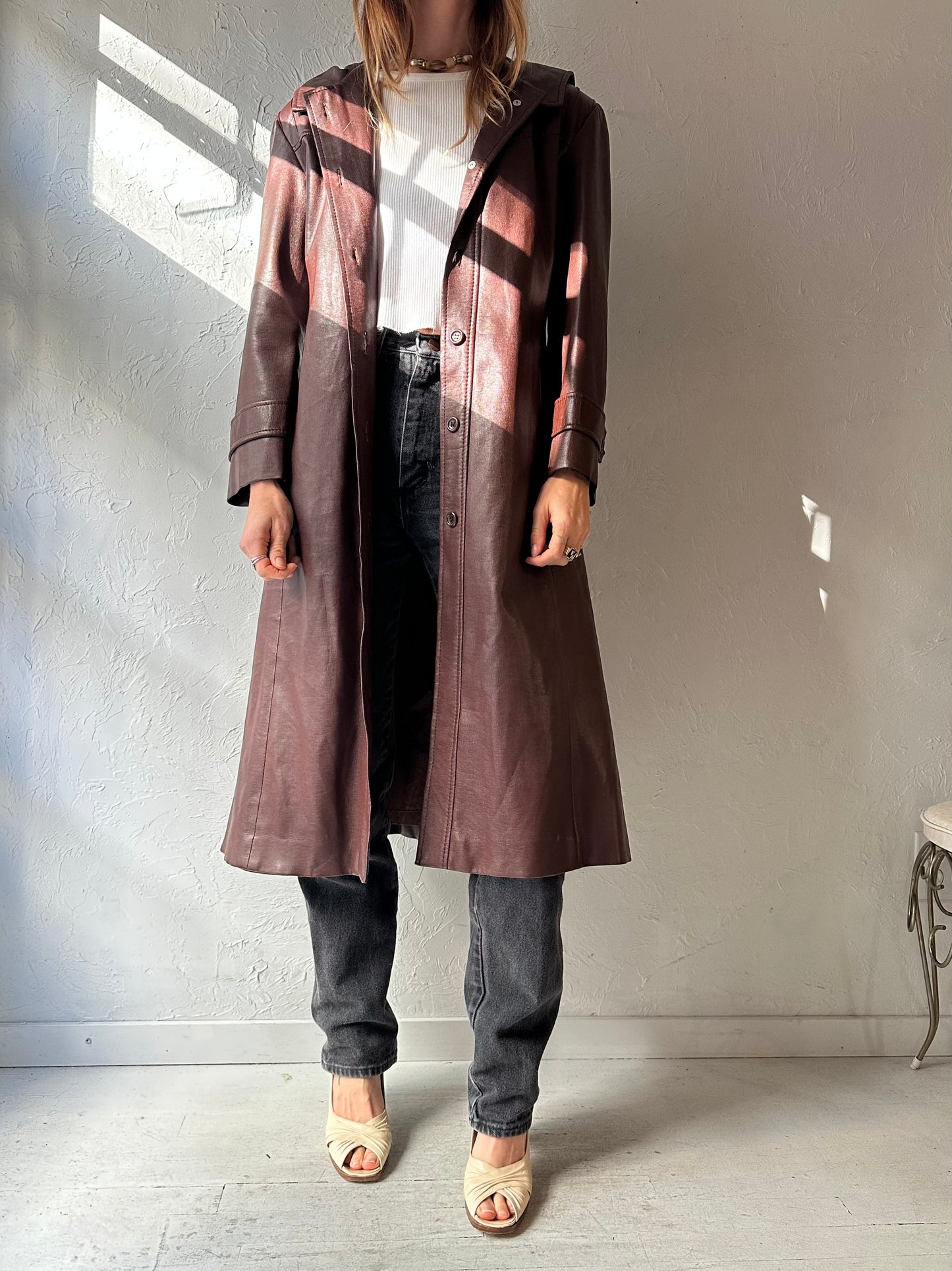 70s Brown Leather Hooded Coat / Small