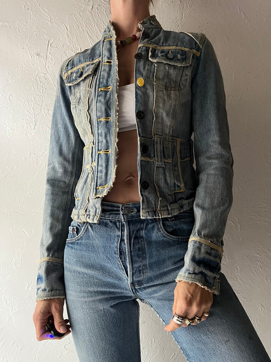 Y2k 'BB Dakota' Denim Edgy Grunge Cropped Fitted Contrast Stitch Moto Biker 2000s Streetwear Jean Jacket / XSmall