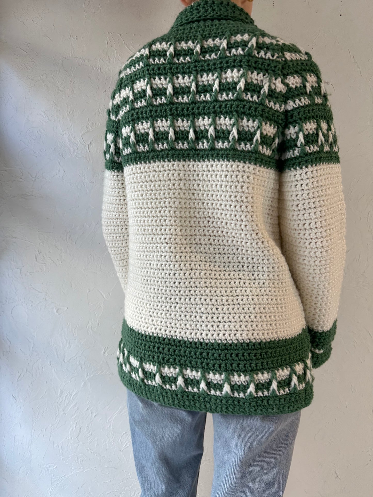 Vintage Hand Knit Green and White Acrylic Cardigan Sweater / Medium - Large