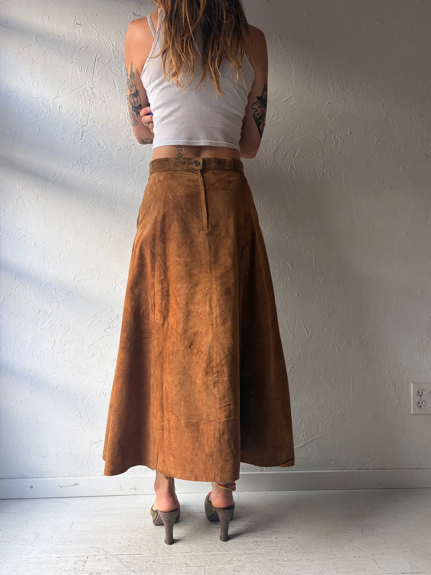 90s 'Casual Connection' Brown Suede Maxi Skirt / Medium