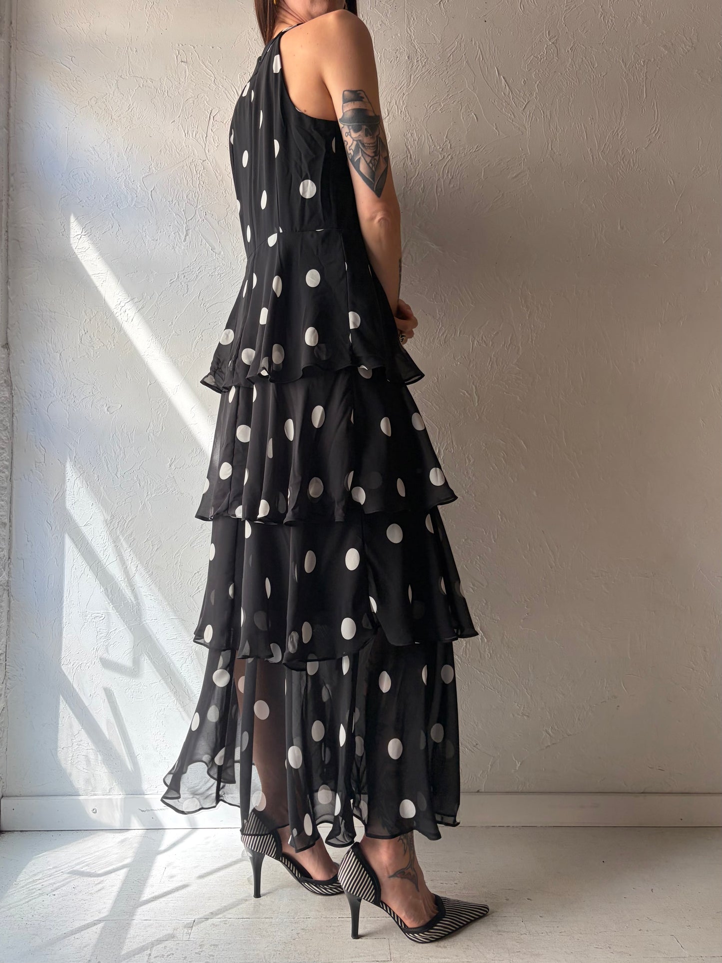 Y2k 'Laura' Black Polka Dot Ruffle Maxi Spring Dress / Medium