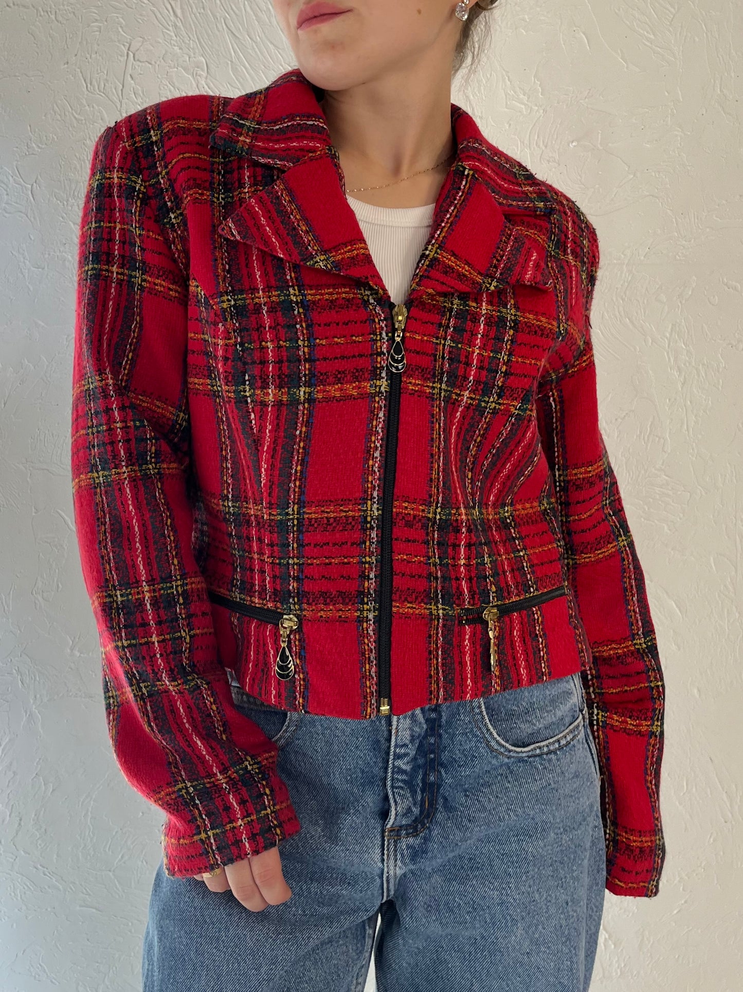 90s 'Lori Ann' Red Plaid Blazer Jacket / Medium