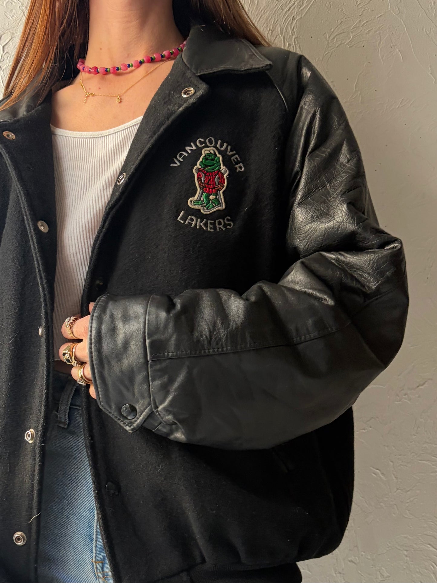 90s 'Lakers' Black Varsity Bomber Jacket / XL