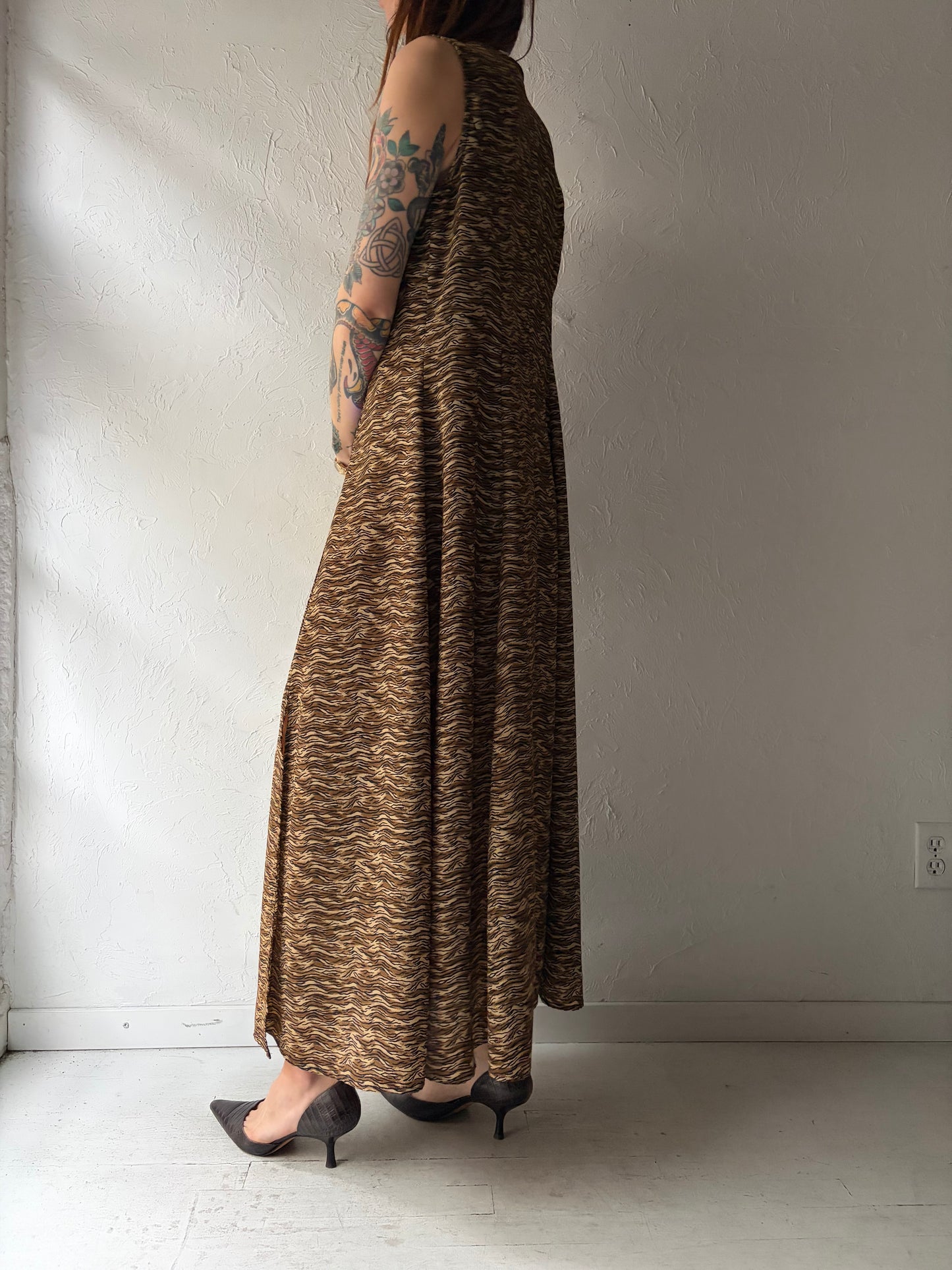 90s 'Betsy's Thing' Vintage Retro Grunge Animal Tiger Print Maxi Dress / Medium