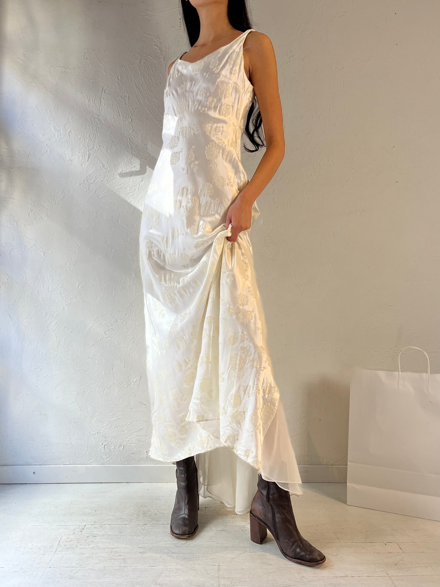 90s ‘Zum Zum’ White Burnt Velvet Wedding Dress / Small