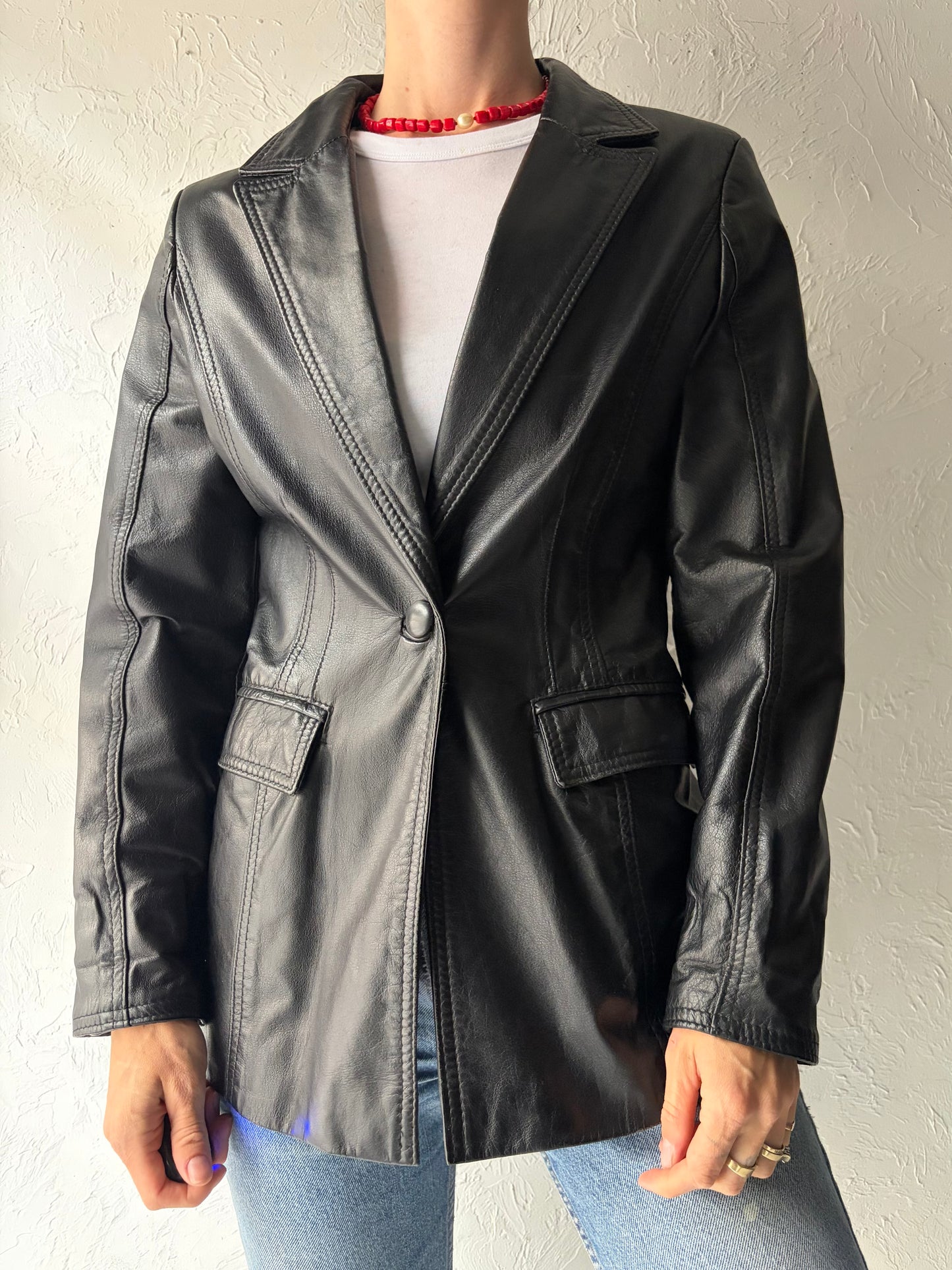 90s 'Leather Ranch' Black Minimalist Leather Jacket / Small