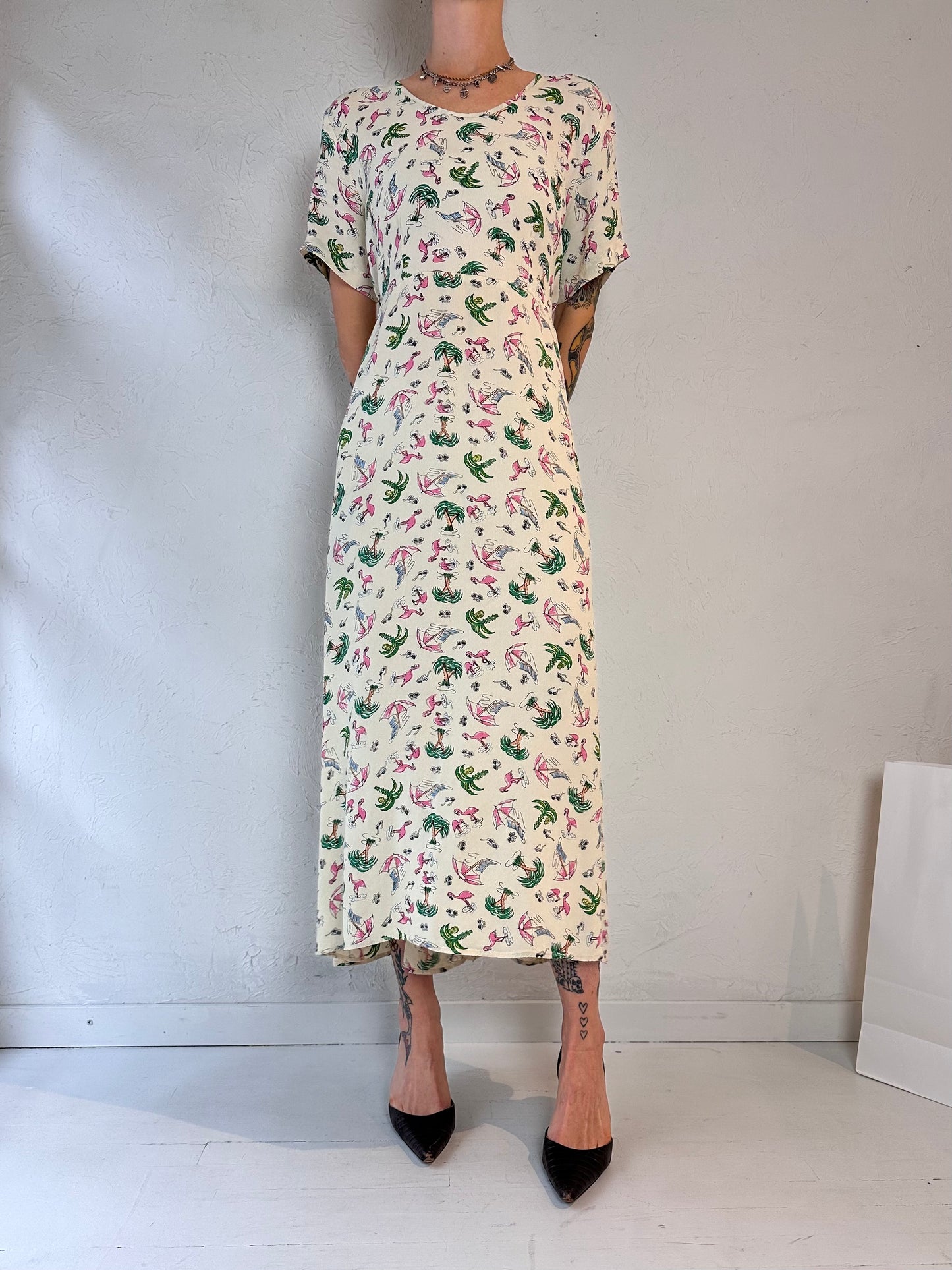 90s 'Kamellia' Flamingo Print Dress / Medium