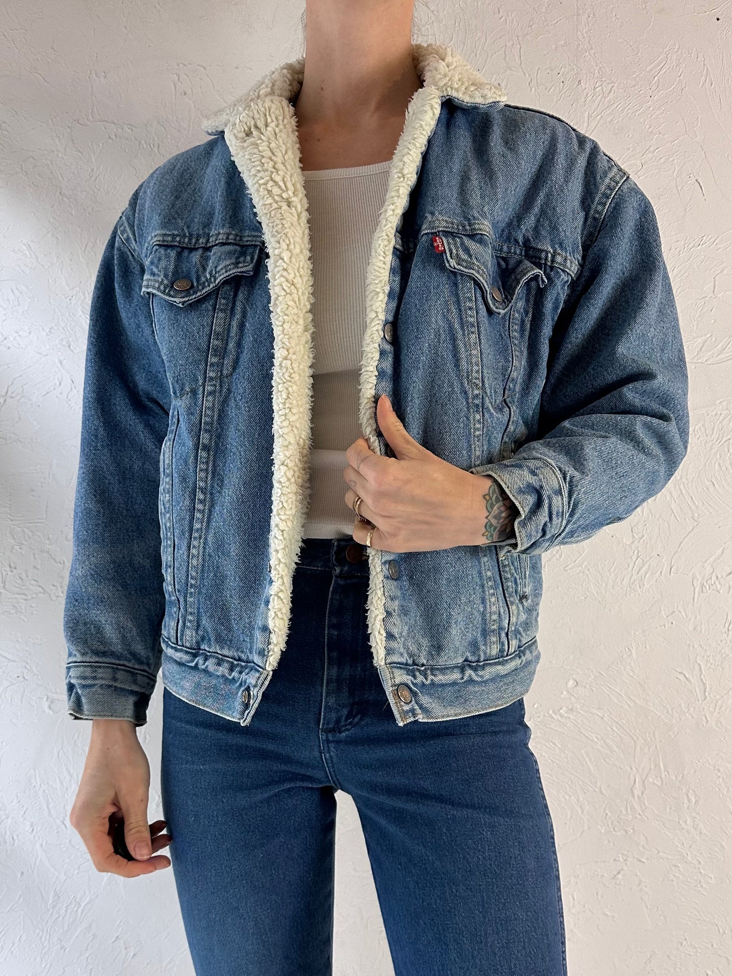 80s 'Levis' Faux Shearling Lined Denim Jacket / Youth L