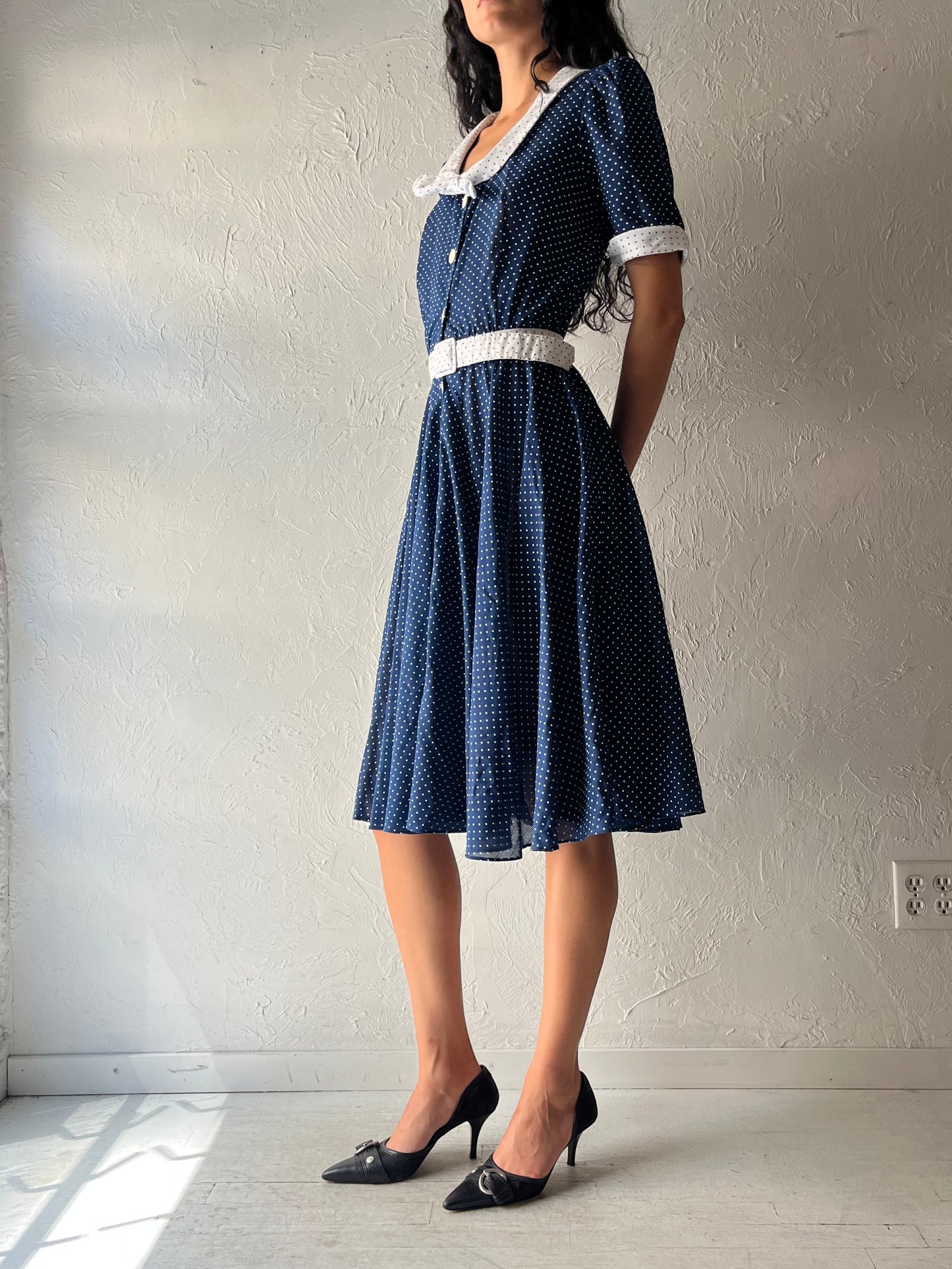 70s 'Nu Mode' Retro Blue Polka Dot Dress / Small