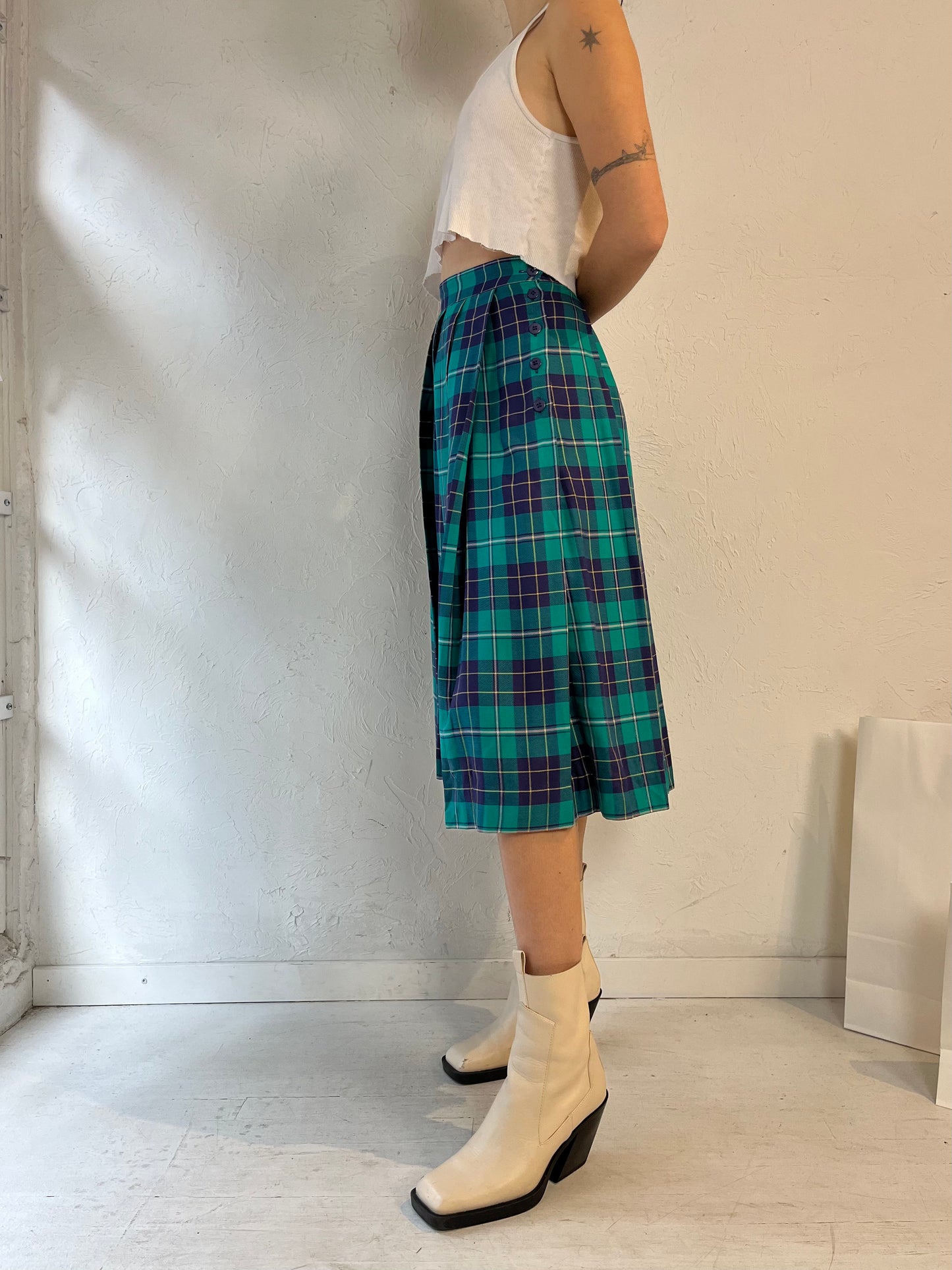 80s 'The Villagers' Teal Plaid Pleated Skirt / Small