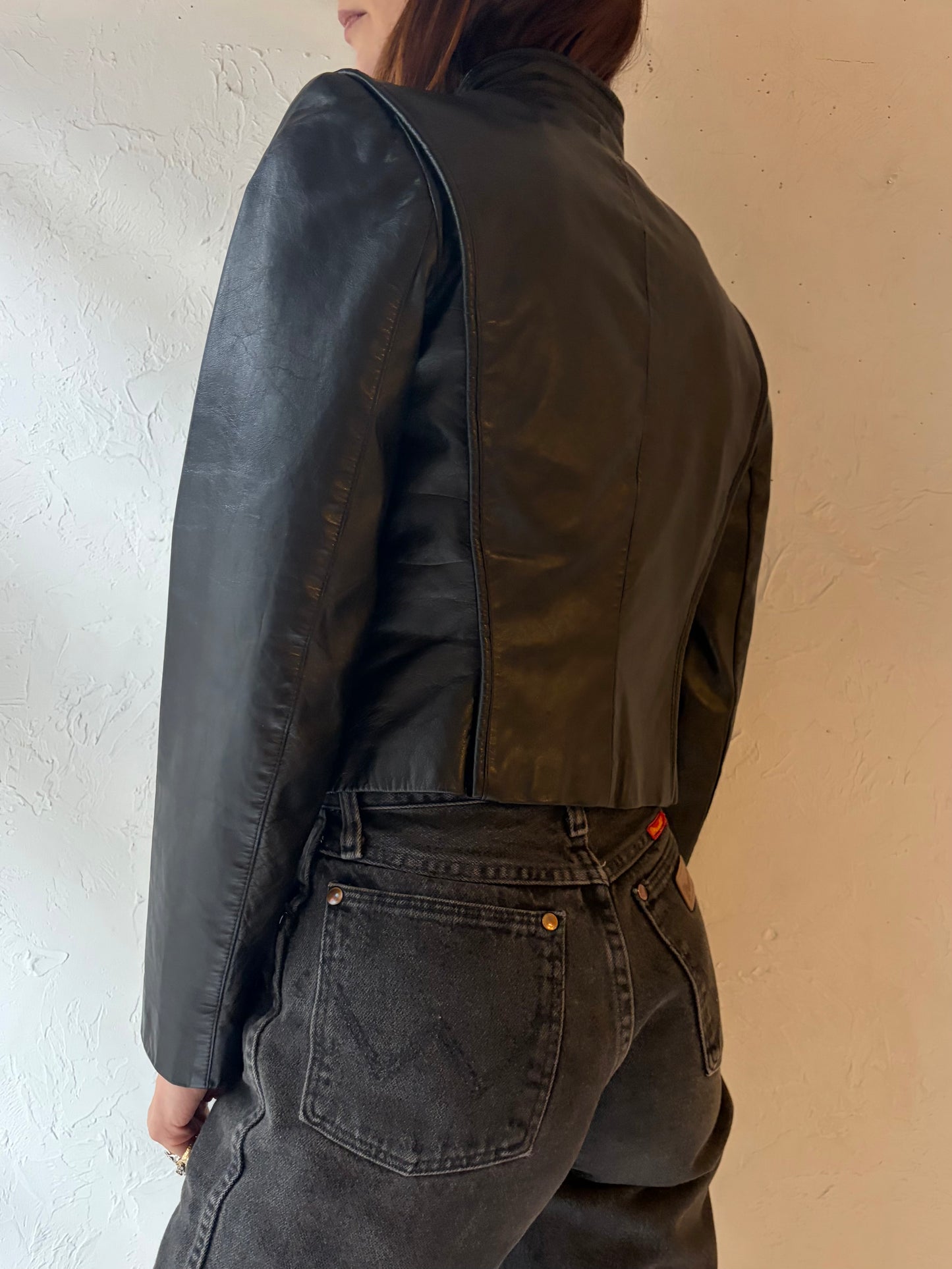 90s 'Fox Moor' Black Minimalist Leather Jacket / Small