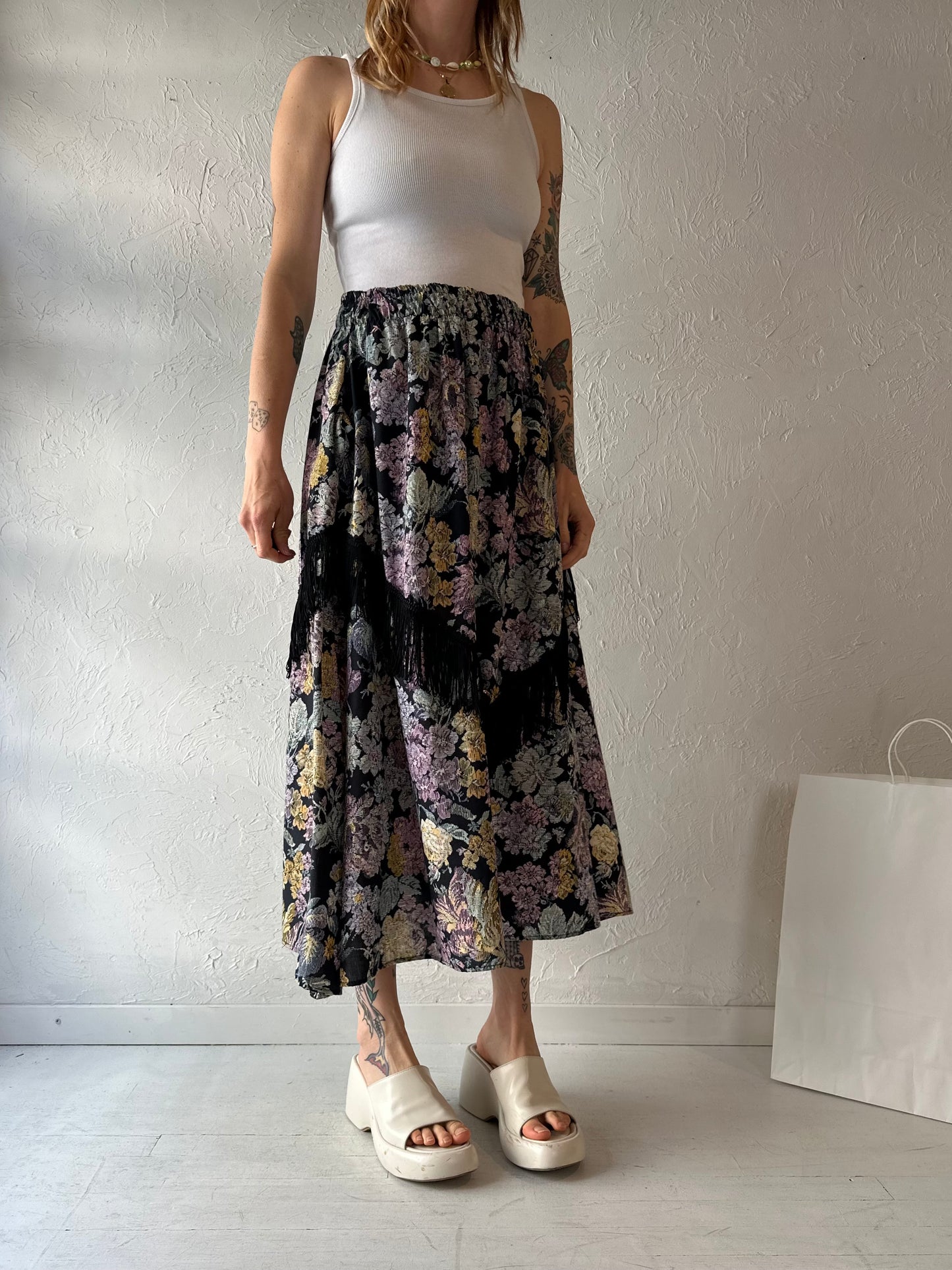 90s Floral Print Fringe Midi Skirt / Small - Medium