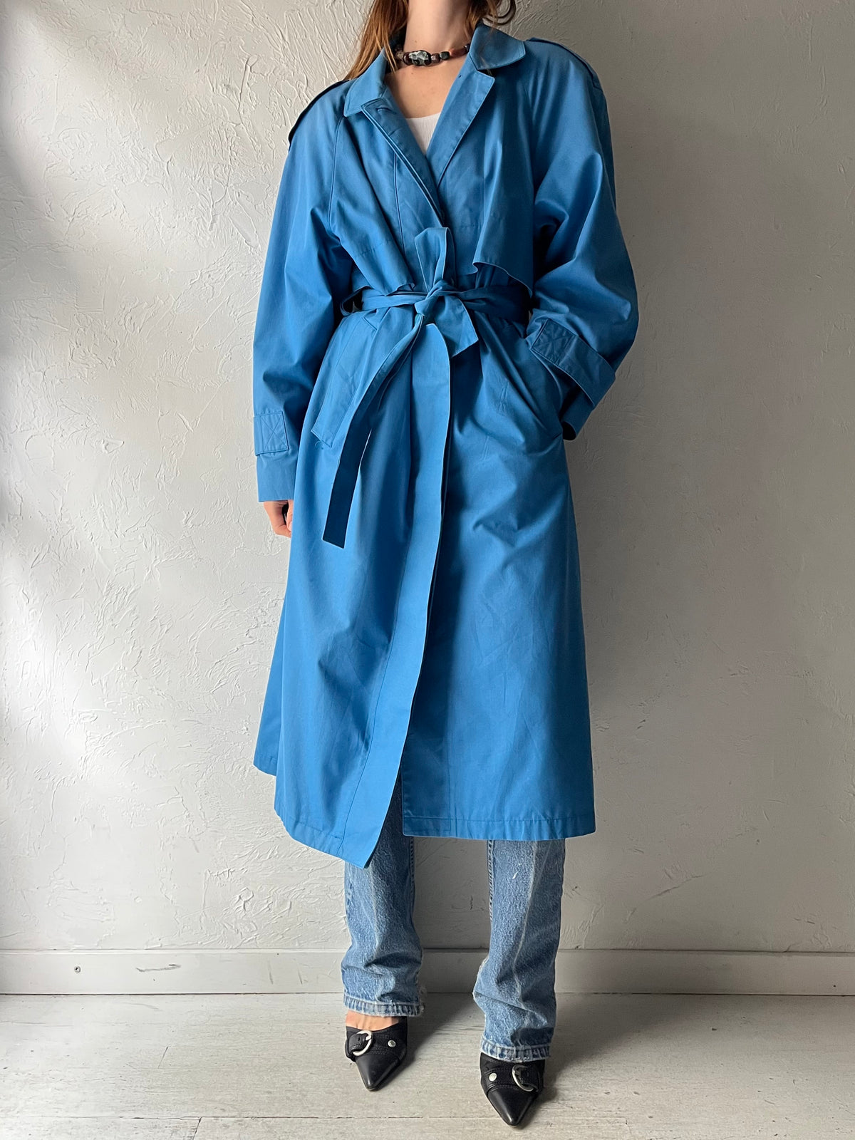 90s 'London Fog' Bright Blue Belted Minimalist Trench Coat Classic Longline Raincoat / Medium