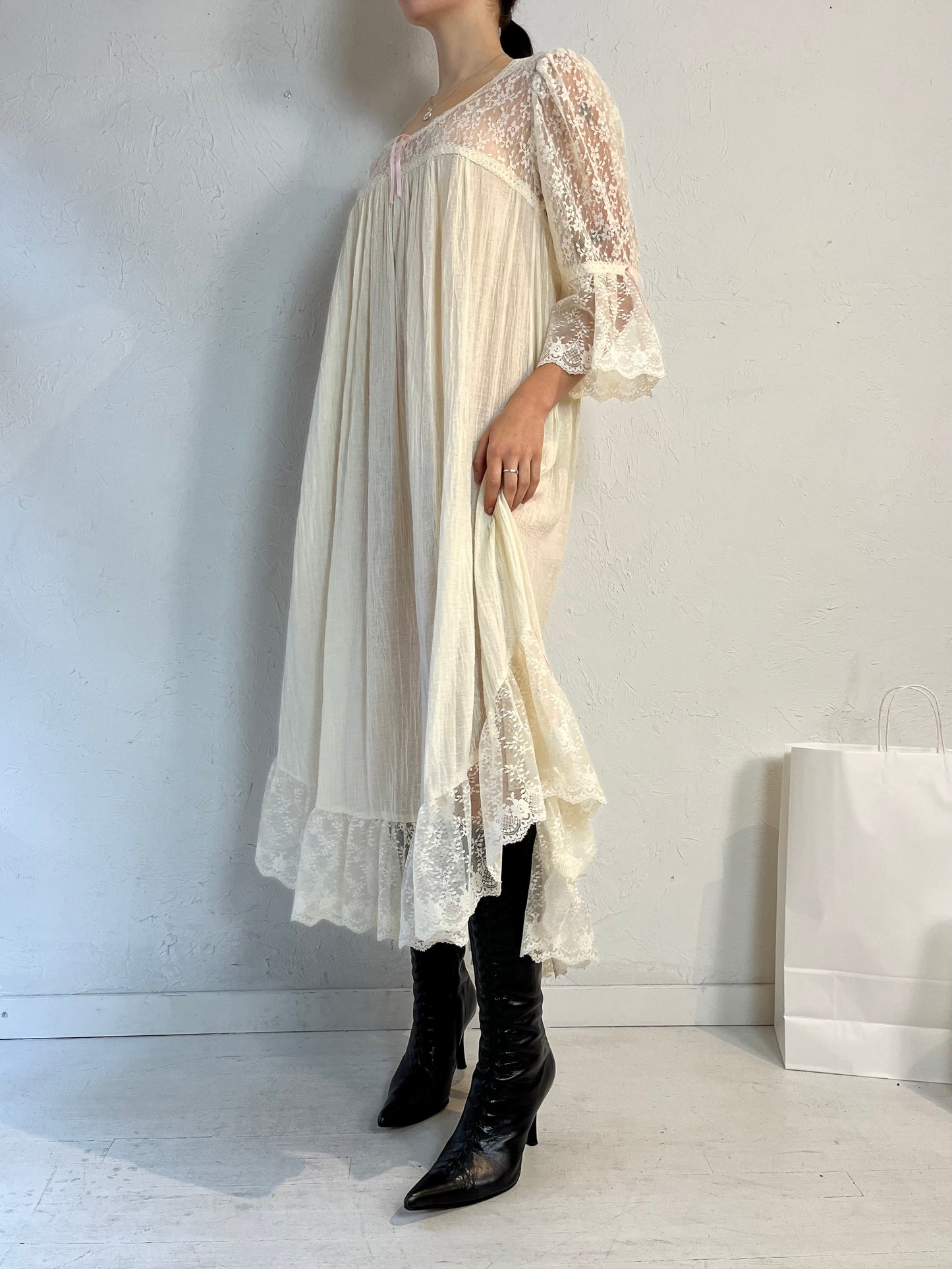 90s 'AC Gauze' Cream Lacey Cotton Gauze Dress / Medium