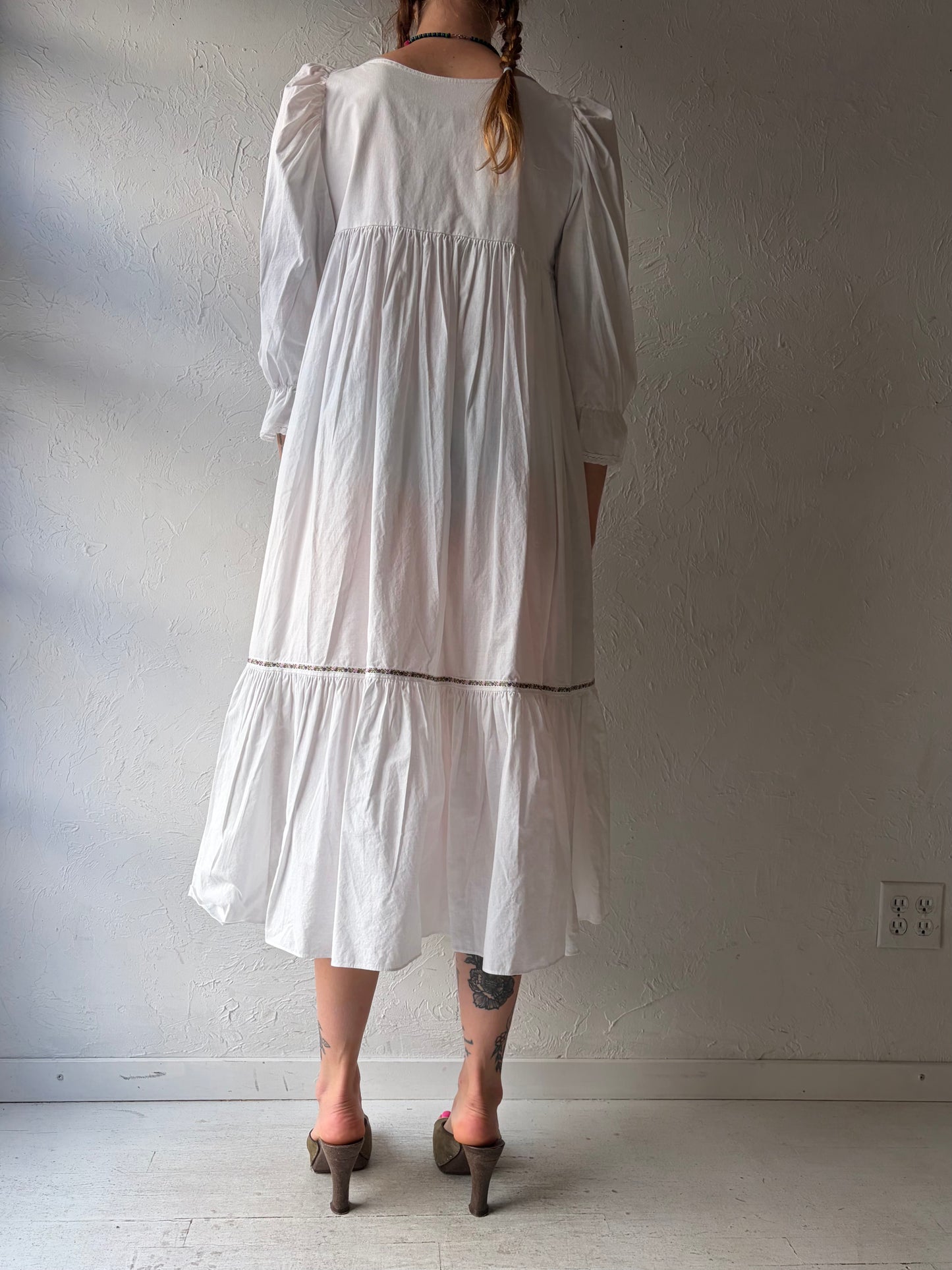 90s 'Night in White' Long Sleeve Cotton Dress / Small