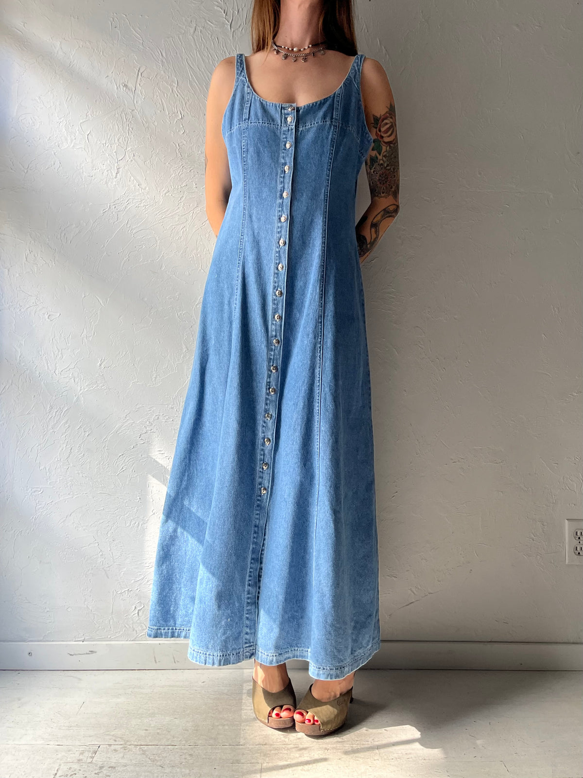 90s 'Survival' Denim Western Cottagecore Button Up Maxi Dress / Medium