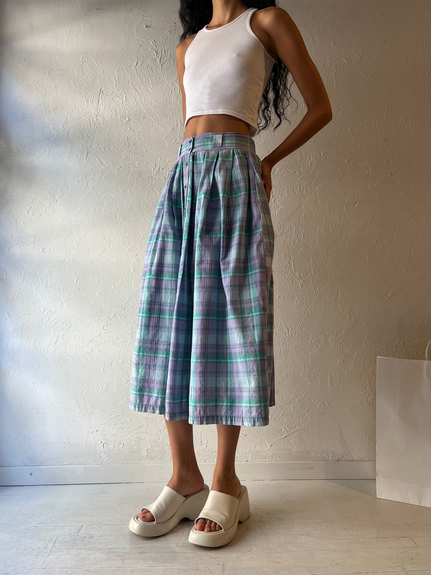 90s 'Southern Comforts' Plaid Cotton Midi Skirt / Small - Medium