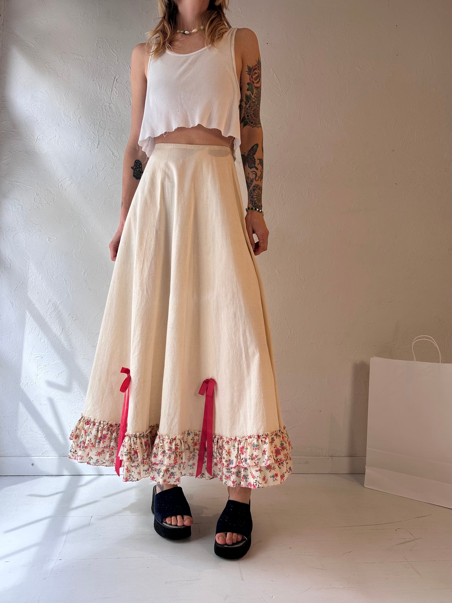 Vintage Handmade Cream Ruffle Maxi Skirt / XS - Small