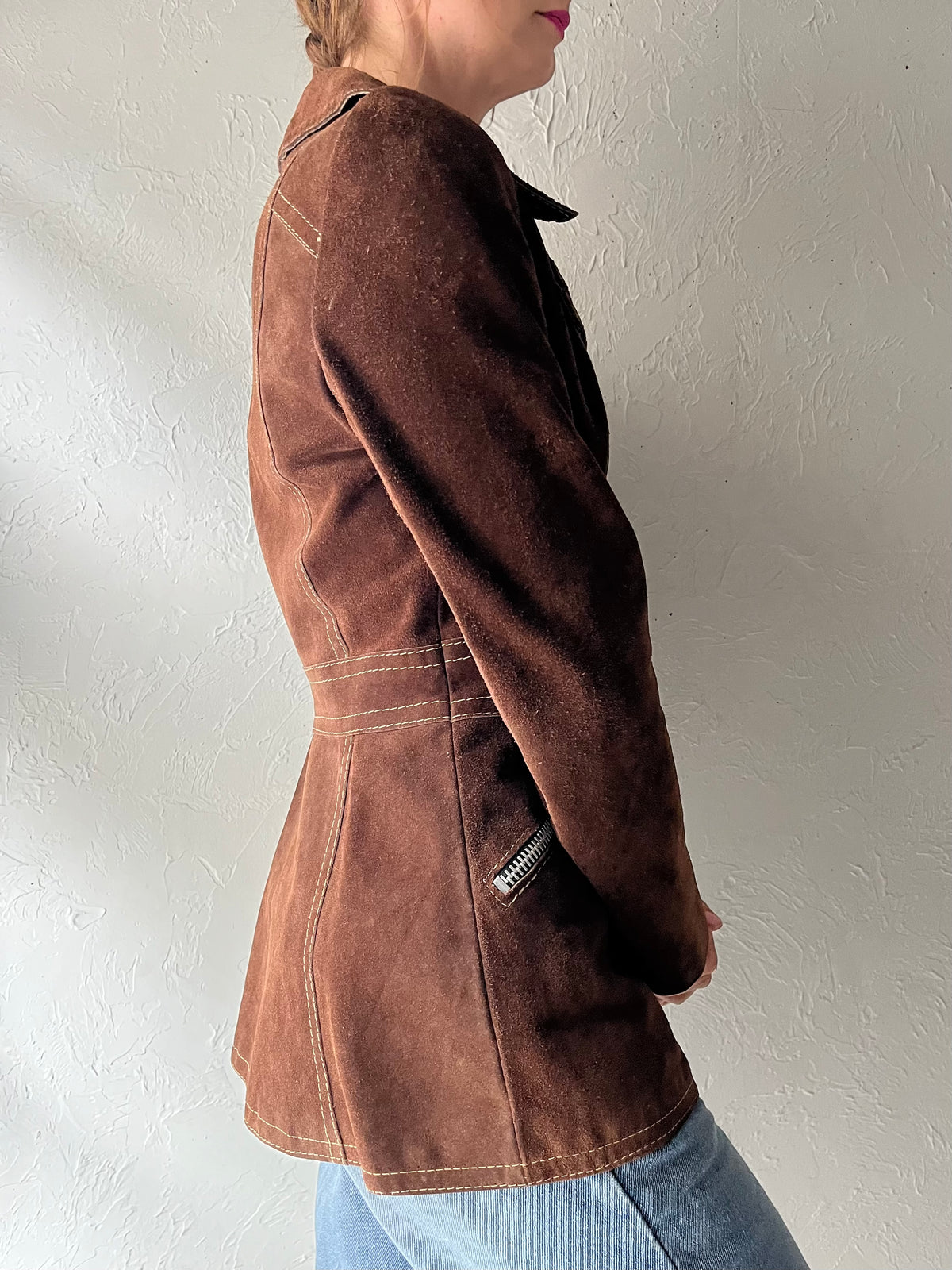 70s Brown Thick Suede Retro Utility Jacket / Small