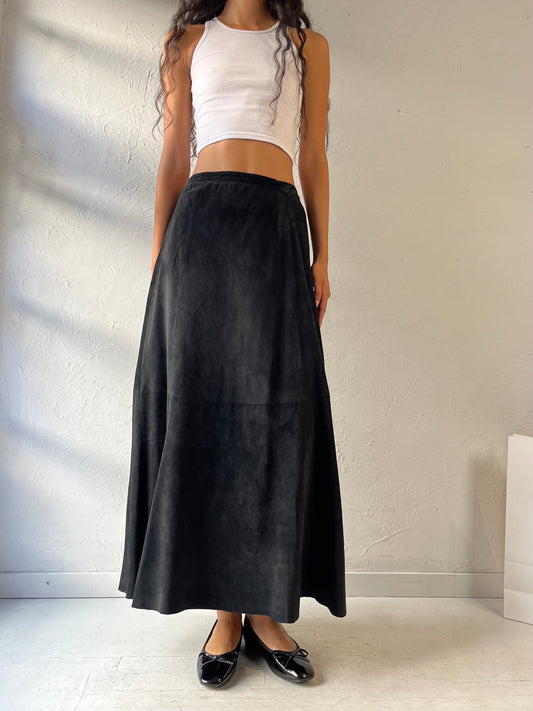 90s ‘Chicos’ Long Black Suede Skirt / Small