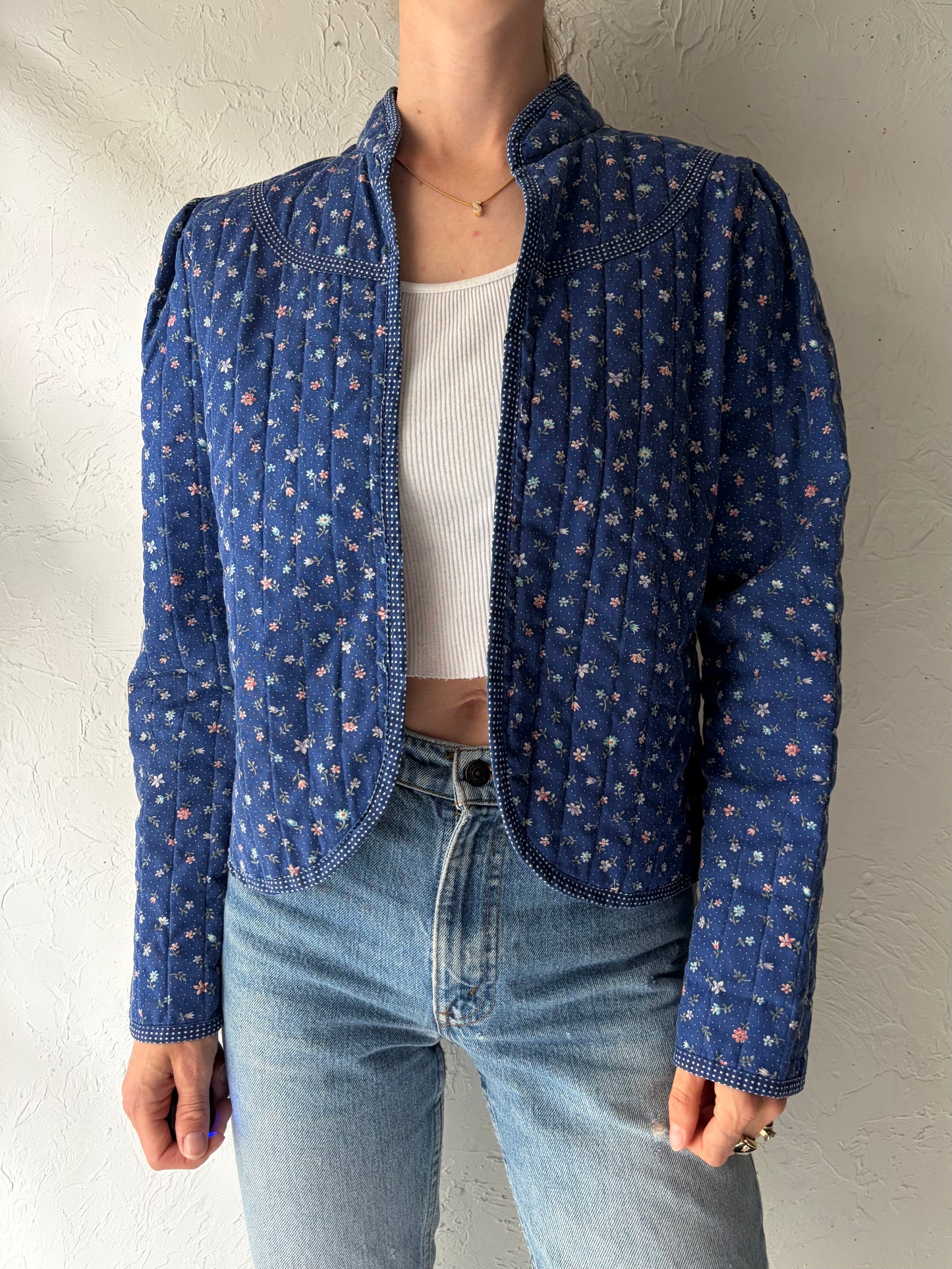 80s 'You Babes' Blue Cottage Core Quilt Jacket / Medium