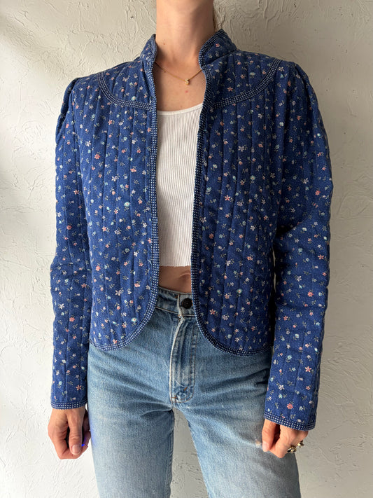 80s 'You Babes' Blue Cottage Core Quilt Jacket / Medium