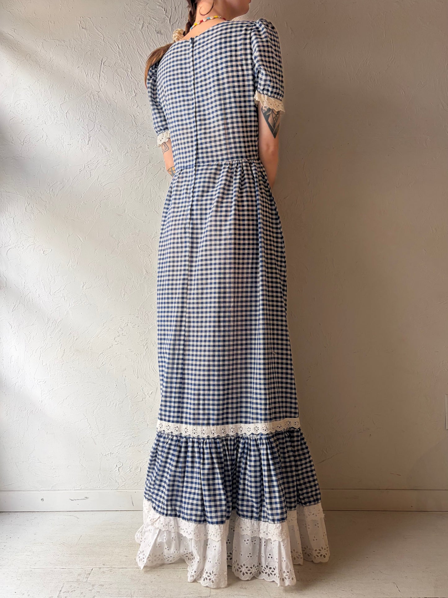 70s 'Late Mate' Blue Plaid Peasant Maxi Dress / Small