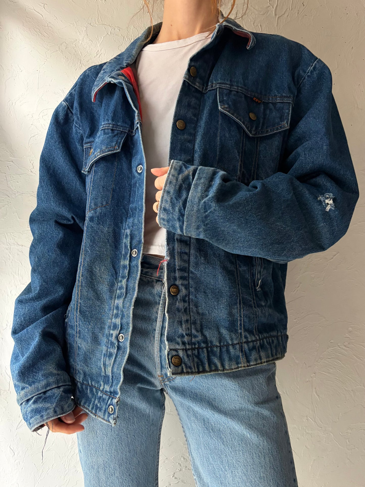 80s ‘Key’ Red Plaid Cotton Lined Denim Jacket / Medium